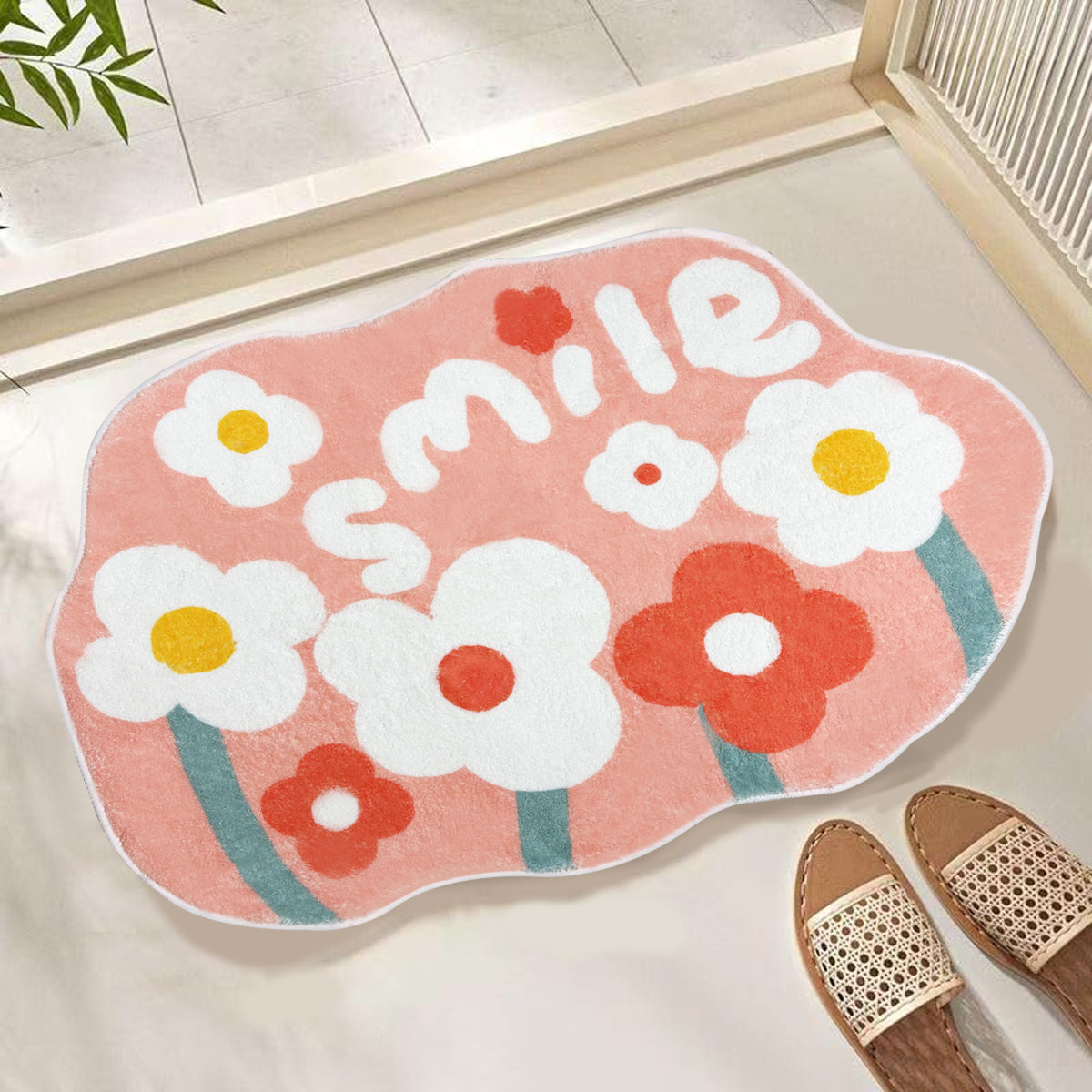 Pink Floral Shag Door Mat - 68x45 cm Polyester