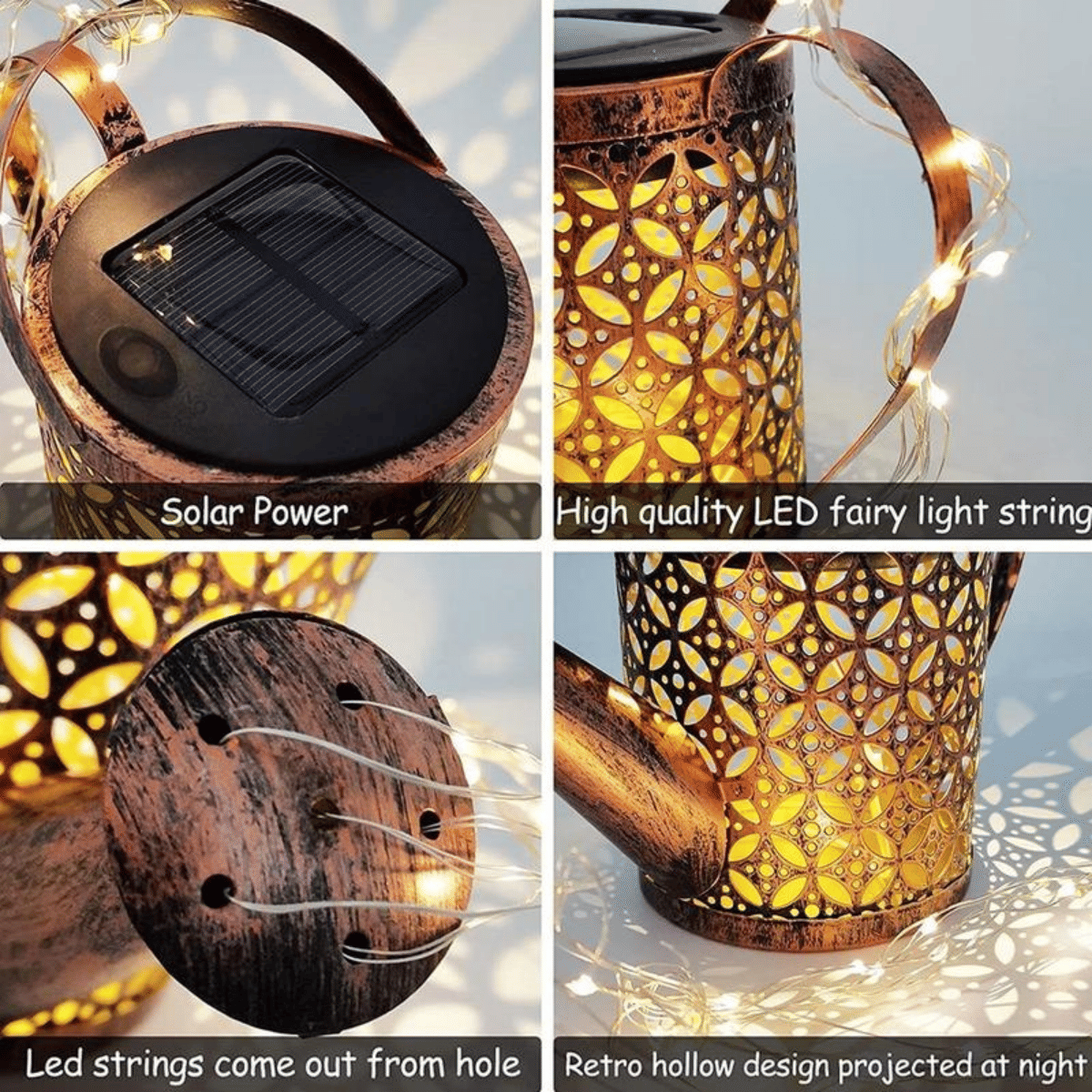 Outdoor Solar Watering Can Lantern String Lights Garden Decor Waterproof Metal Kettle