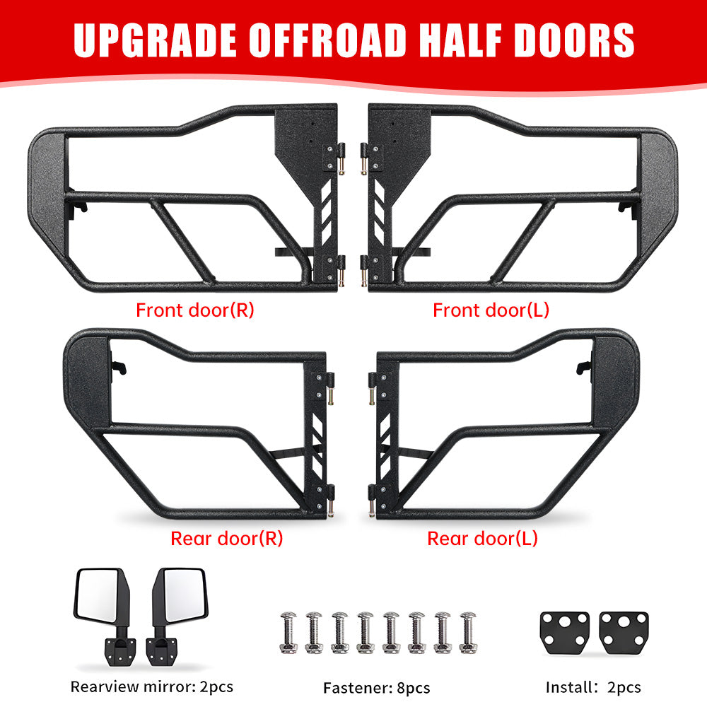 Tube Doors with Side View Mirror for 2018-2026 Jeep Wrangler JL & Gladiator JT - Black