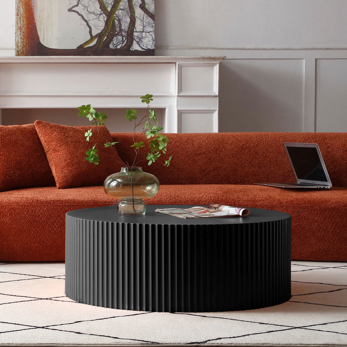 Modern Round Coffee Table with Eye-Catching Relief Design - Matt Black