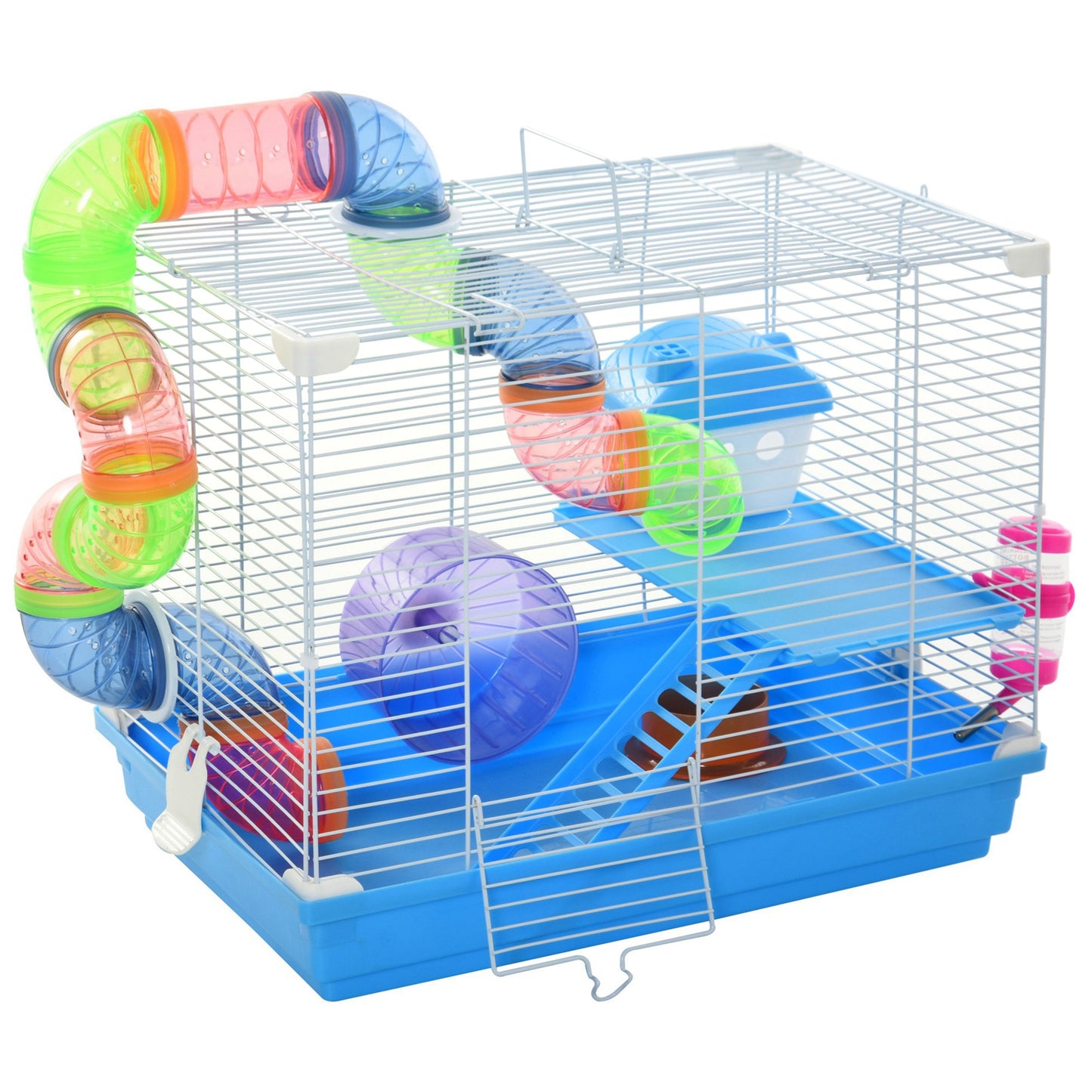 Multi-Level Small Animal Hamster Cage with Exercise Wheel Water Bottle & Play Tubes
