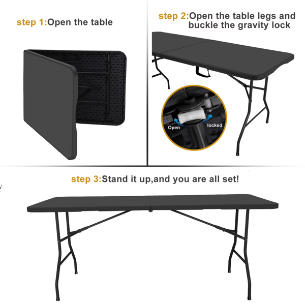 6 Ft Rectangular Black Plastic Folding Table - Seats 8