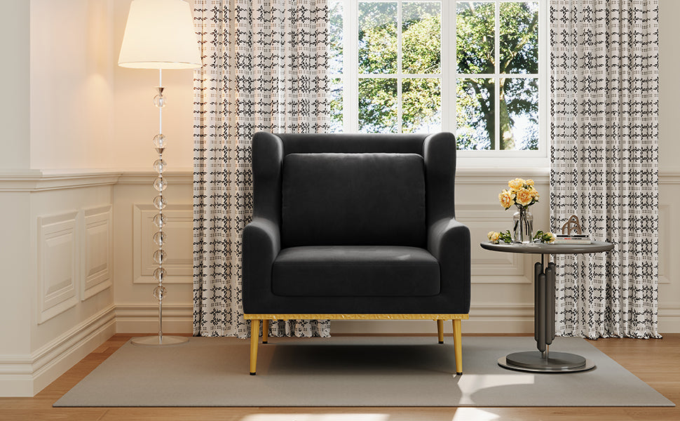 Black Velvet Accent Chair - Modern Armchair for Living Room