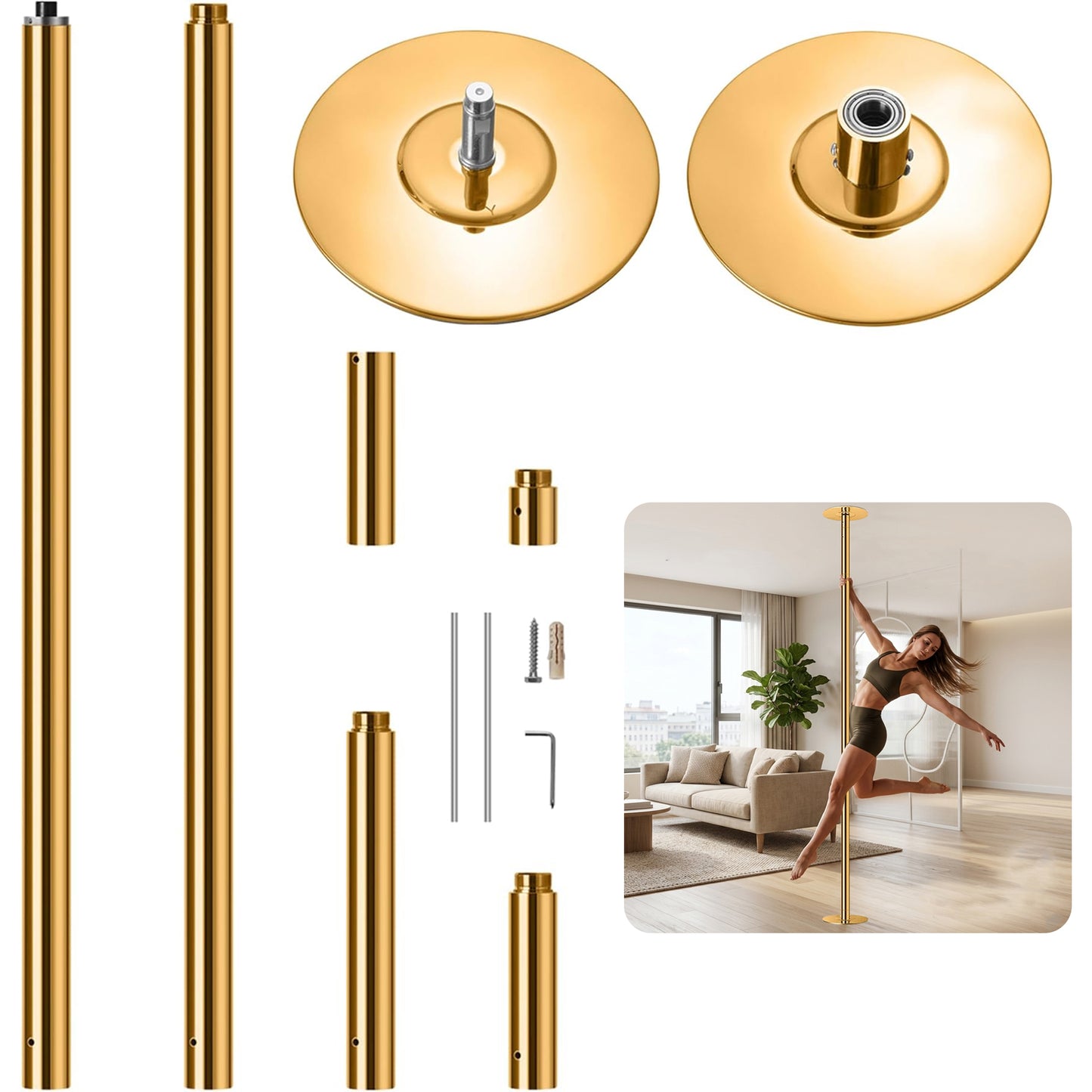 Heavy-Duty Adjustable Dance Pole Kit - Gold, Portable Dual Mode