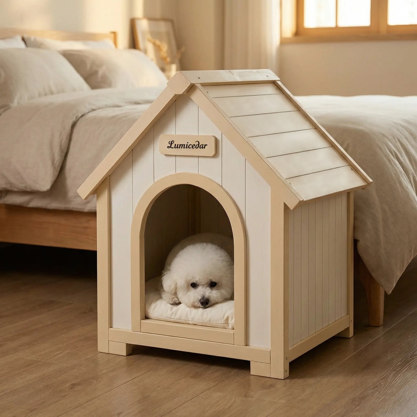 Indoor Wooden Dog House with EVA Cushion - Small Pet Shelter in Creamy White