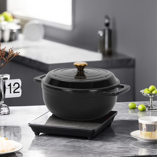 6QT Cast Iron Dutch Oven with Lid - Black Enamel Cooking Pot