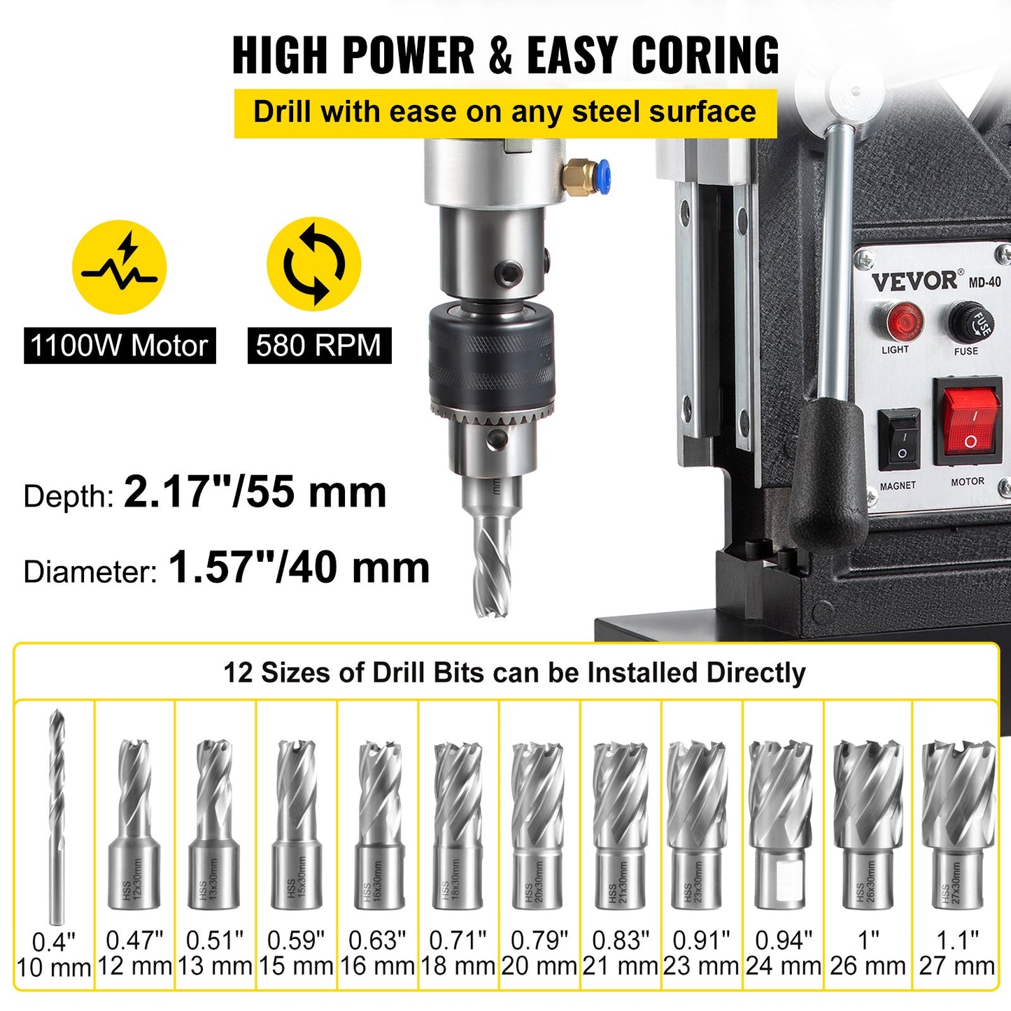 1100W Magnetic Drilling Machine with 12 Bits, 2-Inch Capacity, Portable Electric Mag Drill, Yellow