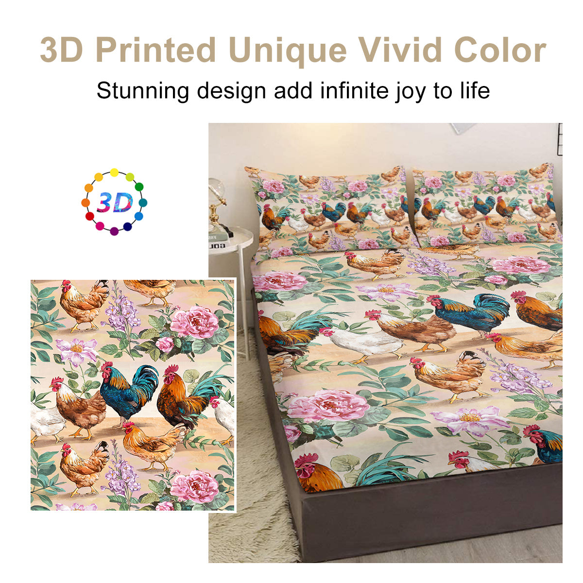 Farmhouse Animal Bed Sheet Set - Deep Pocket Fitted Bedding with Floral Rose Pattern