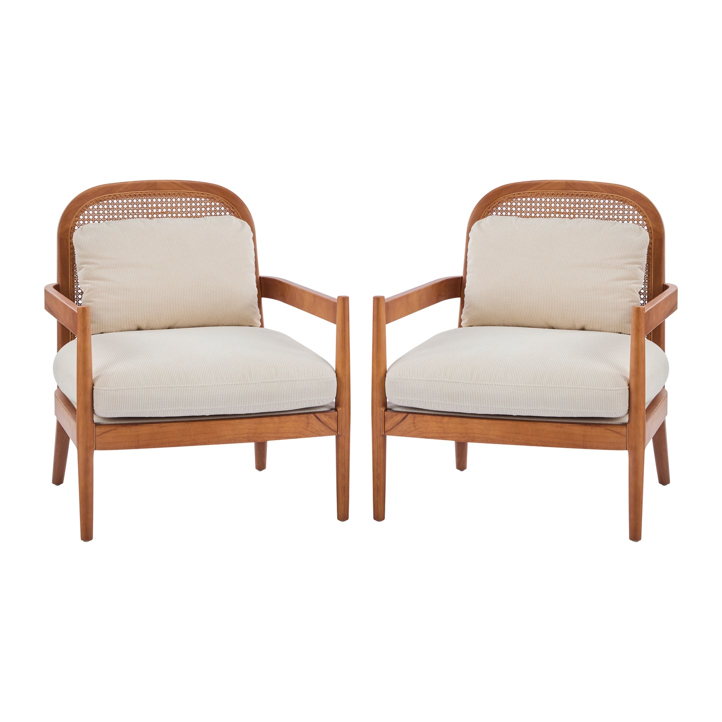 Mid-Century Modern Accent Chair Set - Solid Wood & Rattan, Beige