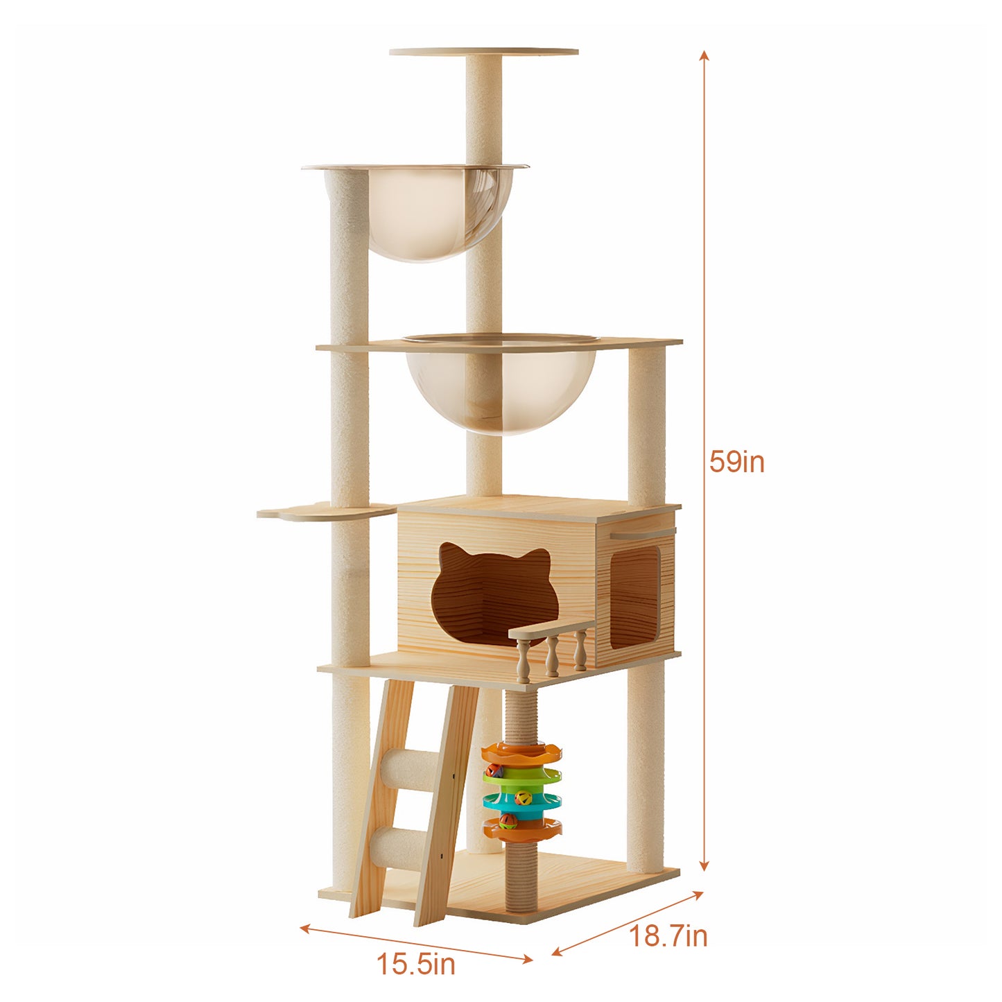 59-Inch Modern Wooden Cat Tower with Sisal Scratching Posts, Top Perch & Acrylic Hammock