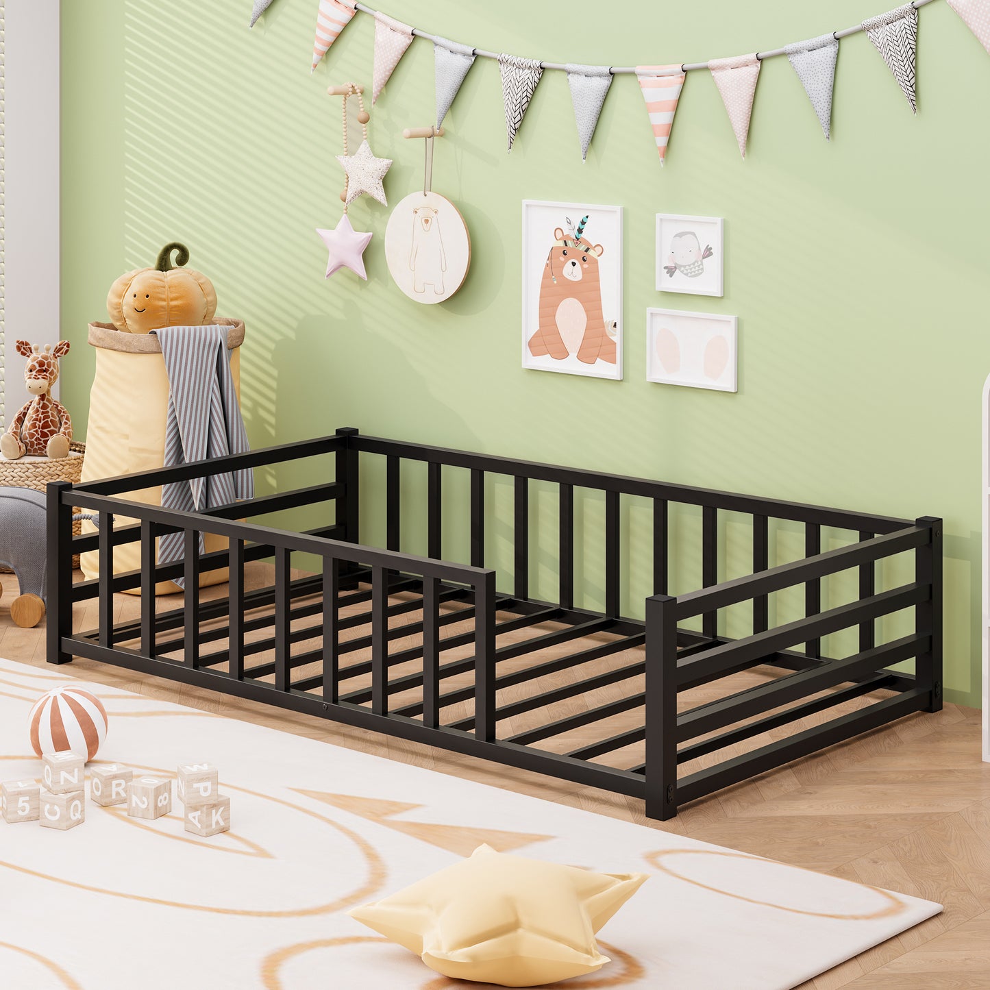Twin Size Metal Platform Bed Frame with Guardrails - Black