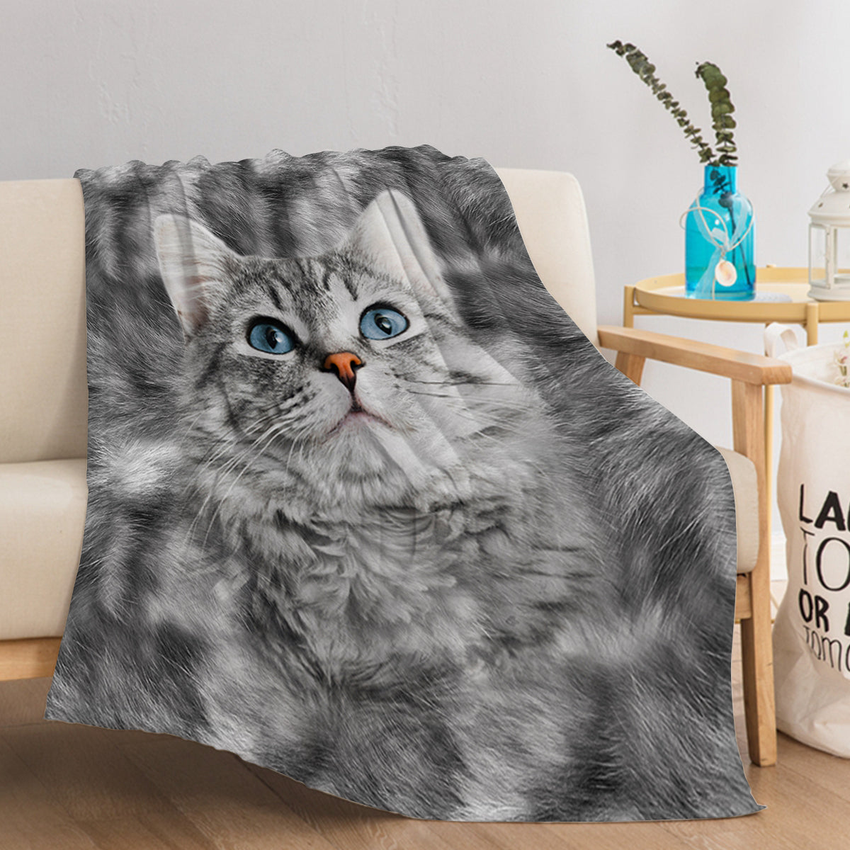 Gray Cat Flannel Blanket - Soft Warm Fleece Bed Sofa Throw 75x100cm