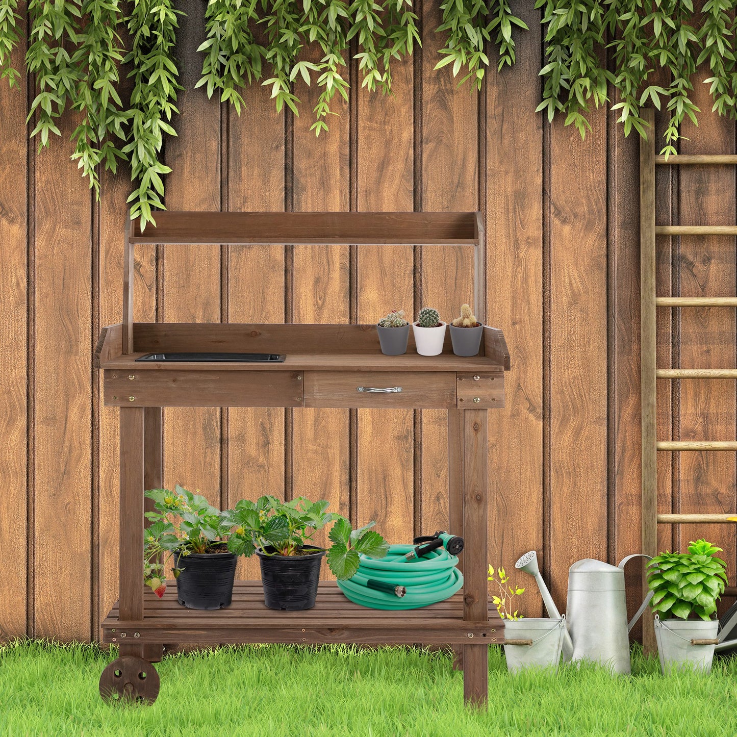 Wooden Potting Bench Work Table with Sink, Drawer, Wheels, Large Storage - Brown