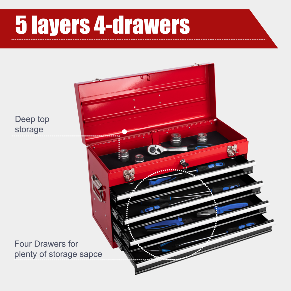 Heavy Duty Metal Tool Box 21-Inch with 4 Drawers, Locking & EVA Liners - Portable Steel Organizer, Red & Black