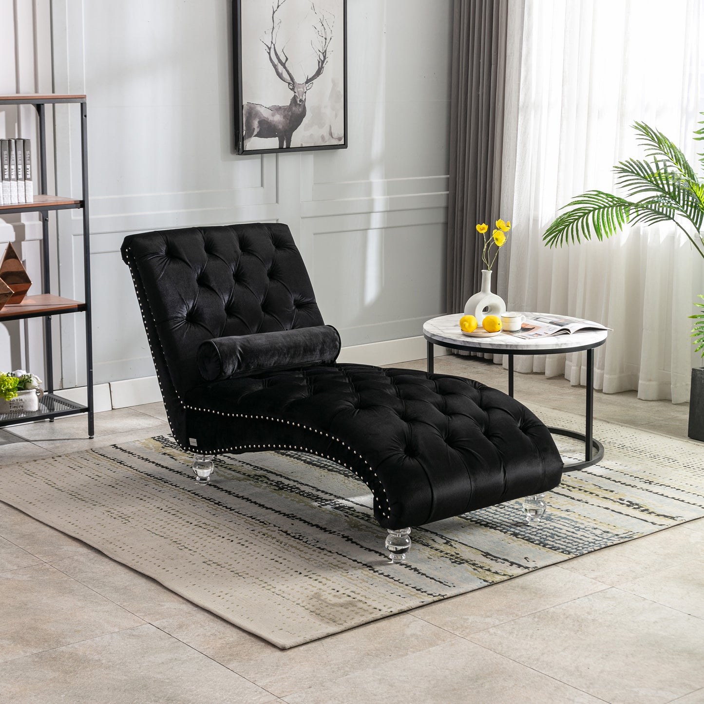 Velvet Chaise Lounge Chair - Button-Tufted with Pillow - Black