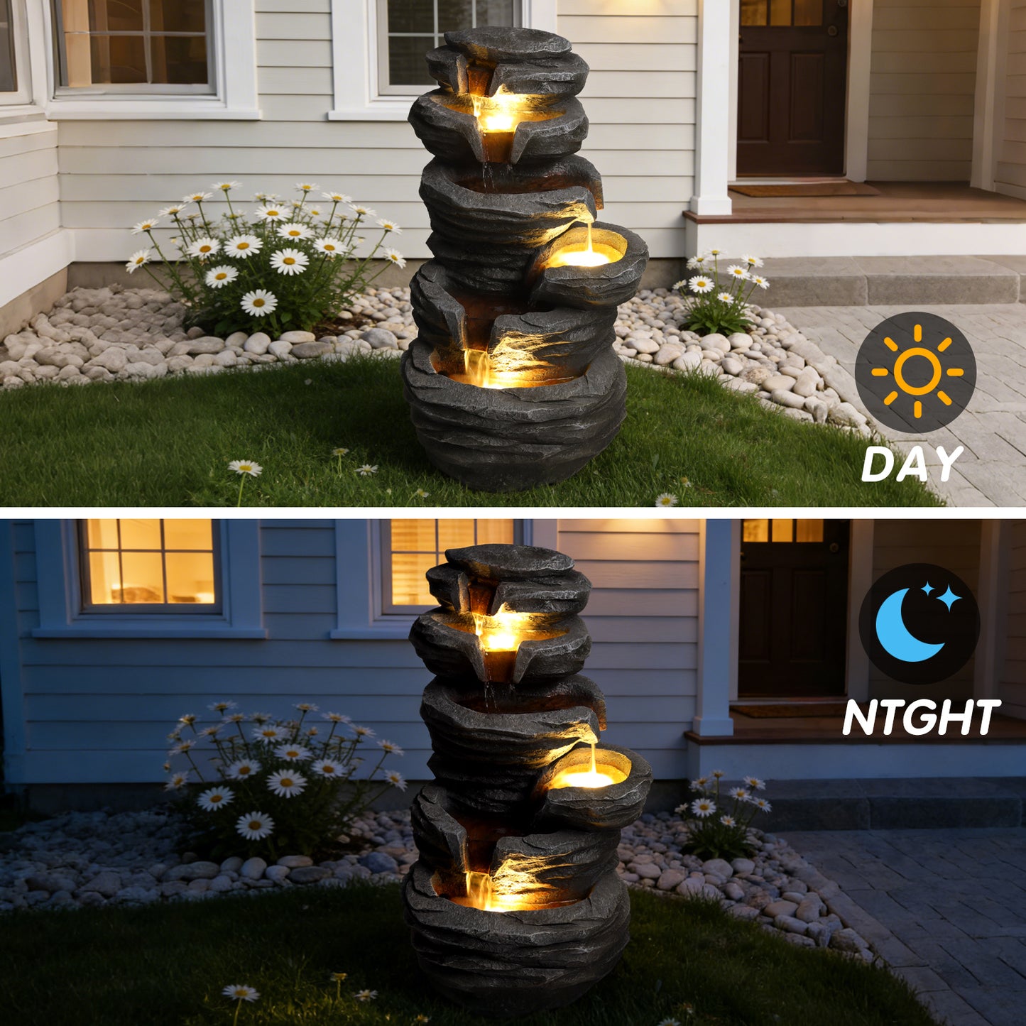 Outdoor Waterfall Fountain with Lights - Cascading Rock Design for Garden Patio Yard