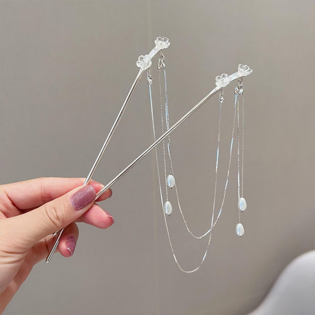 Silver Pearl Flower Hairpin - Antique Geometric Design