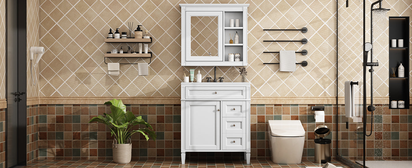 30'' Modern Bathroom Vanity with Sink & Mirror Cabinet - White