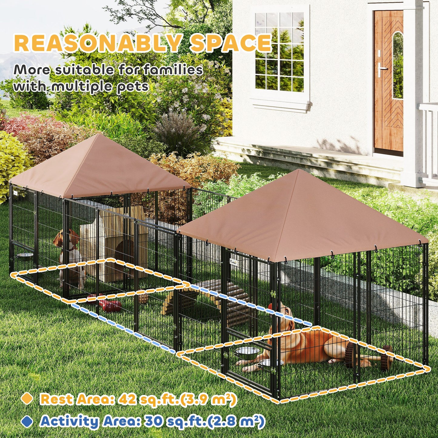 Large Outdoor Dog Kennel with 2 Rooms, Adjustable Bowls & Waterproof Canopy