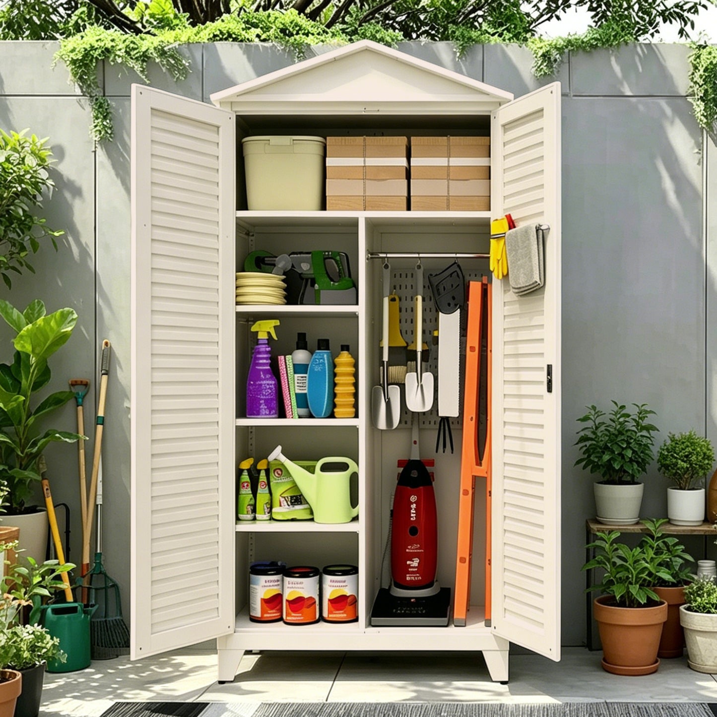 79-Inch Tall Metal Tool Storage Cabinet - Beige Steel Organizer
