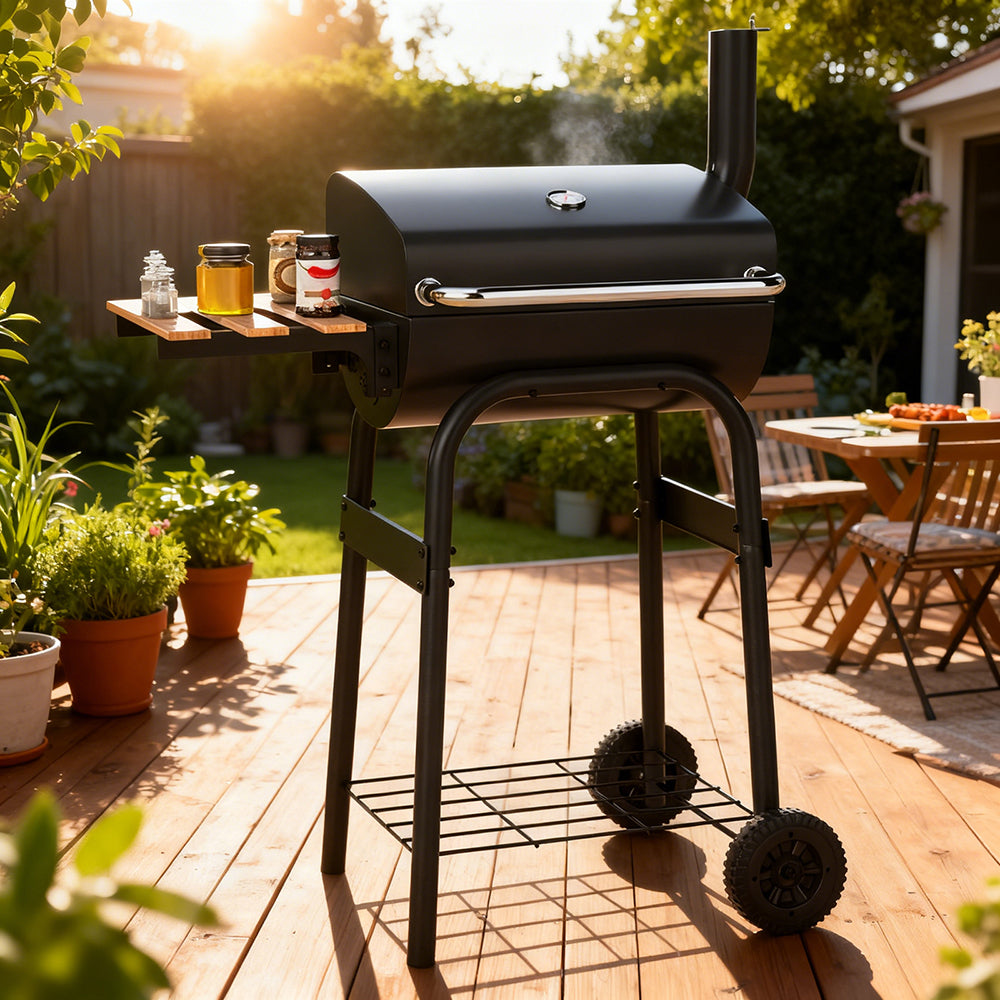 Charcoal Grill with Foldable Side Table and Thermostat - Black