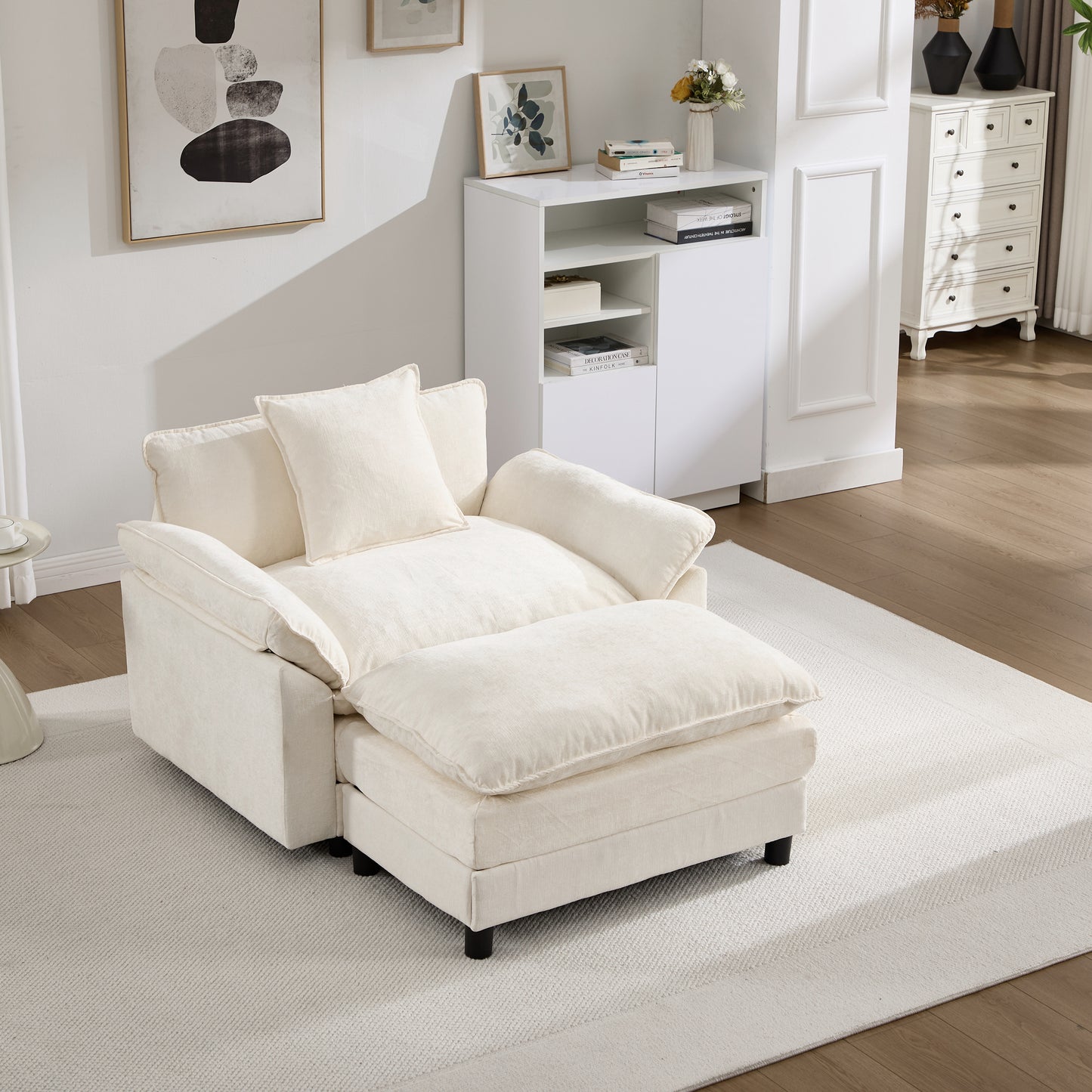 Modern Chenille Accent Chair with Ottoman - Beige Upholstered Armchair