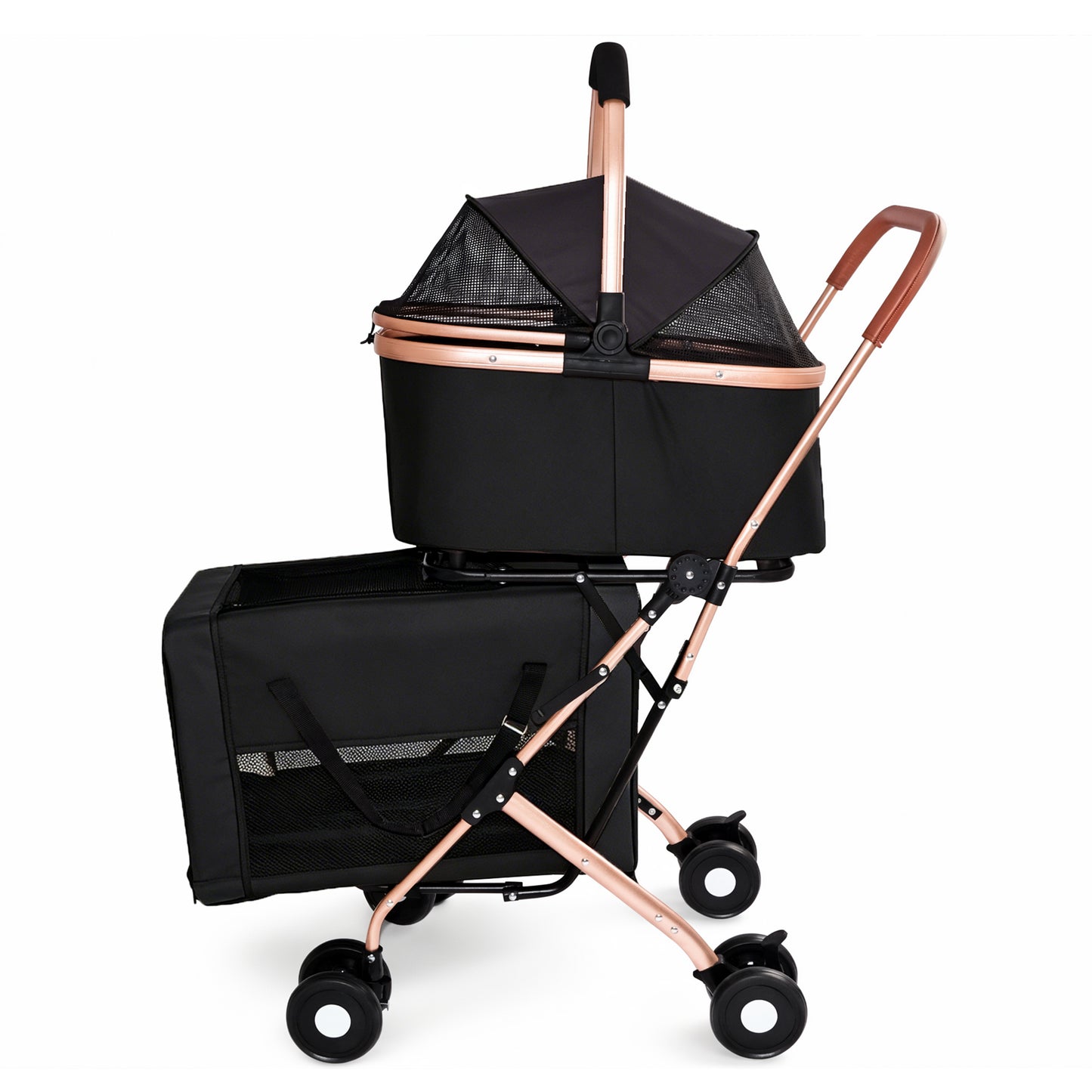 Pet Stroller with Guardrails for Small and Medium Pets - Foldable, 3-in-1 Design, Shockproof Wheels, Safety Leashes, Black