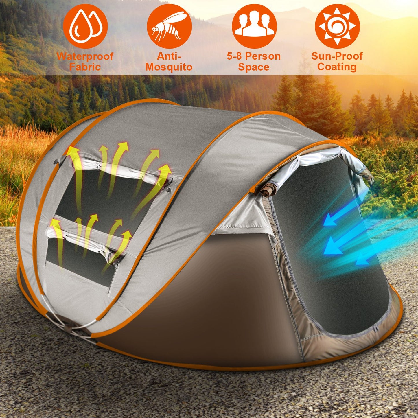 5-8 Person Automatic Pop-Up Camping Tent - Waterproof Khaki