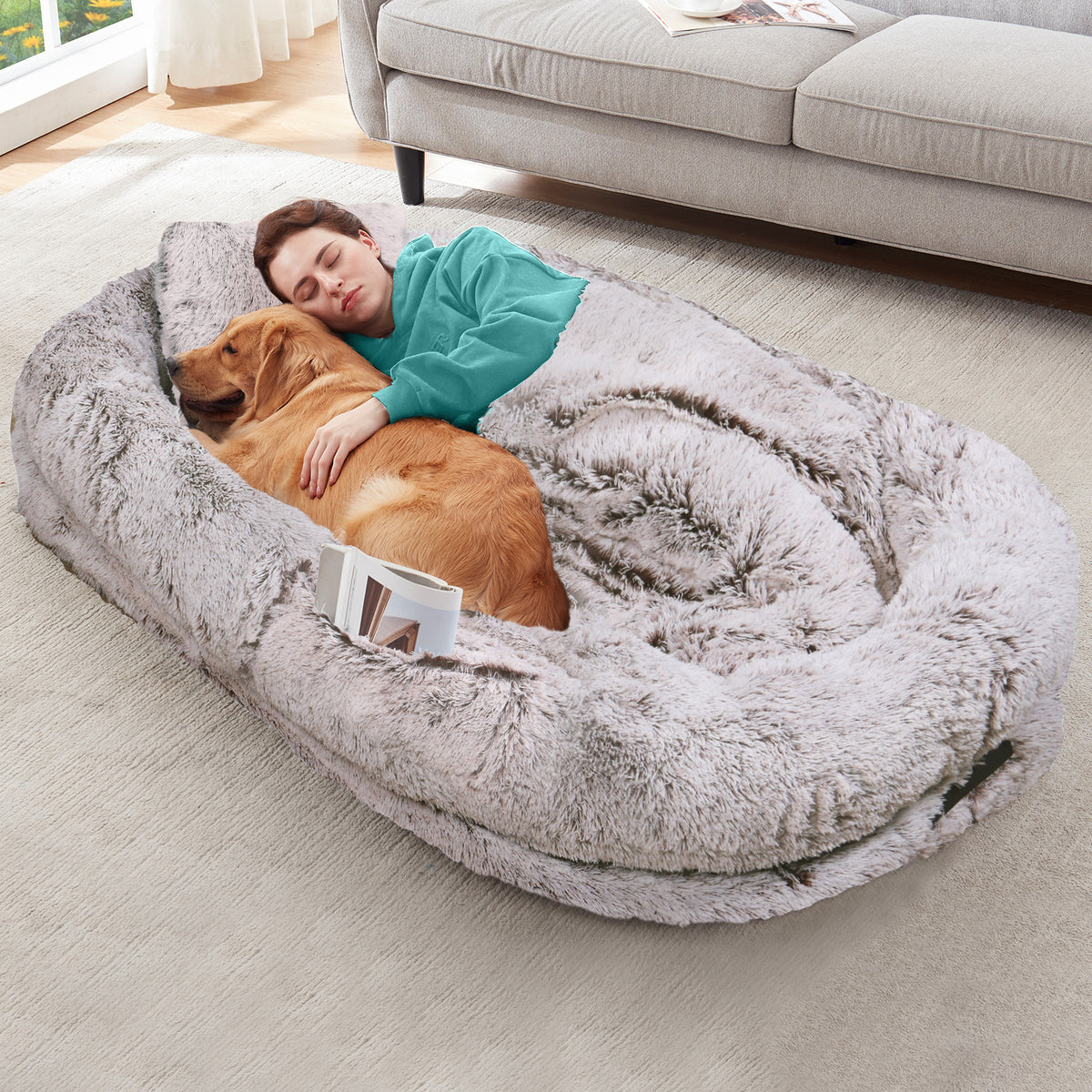 Oversized Human & Pet Dog Bed with Orthopedic Support - 71 x 45 Inch Faux Fur Lounger, Washable Cover, Pillow & Blanket Included