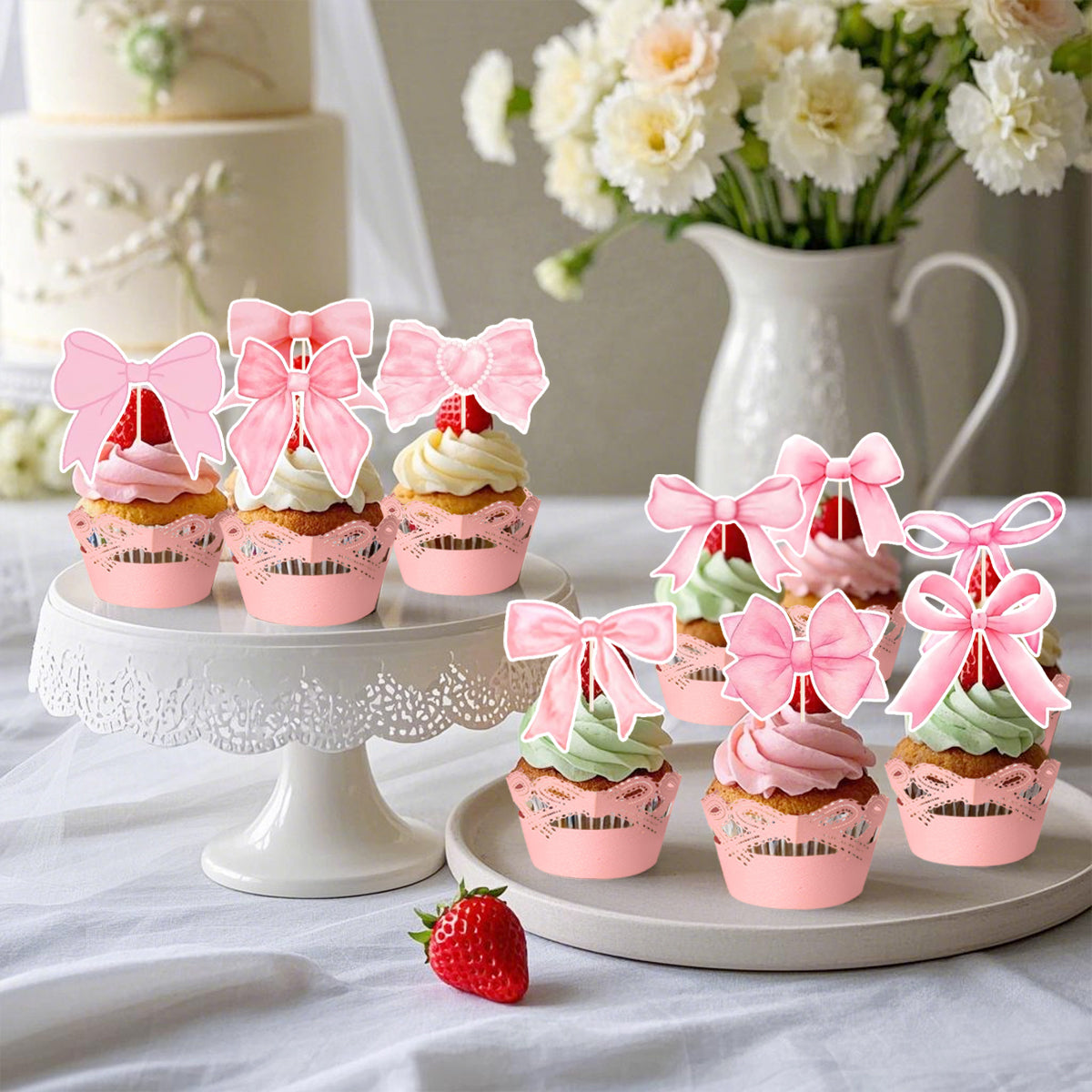 48-Piece Pink Bow Cupcake Toppers Kit - Party Supplies