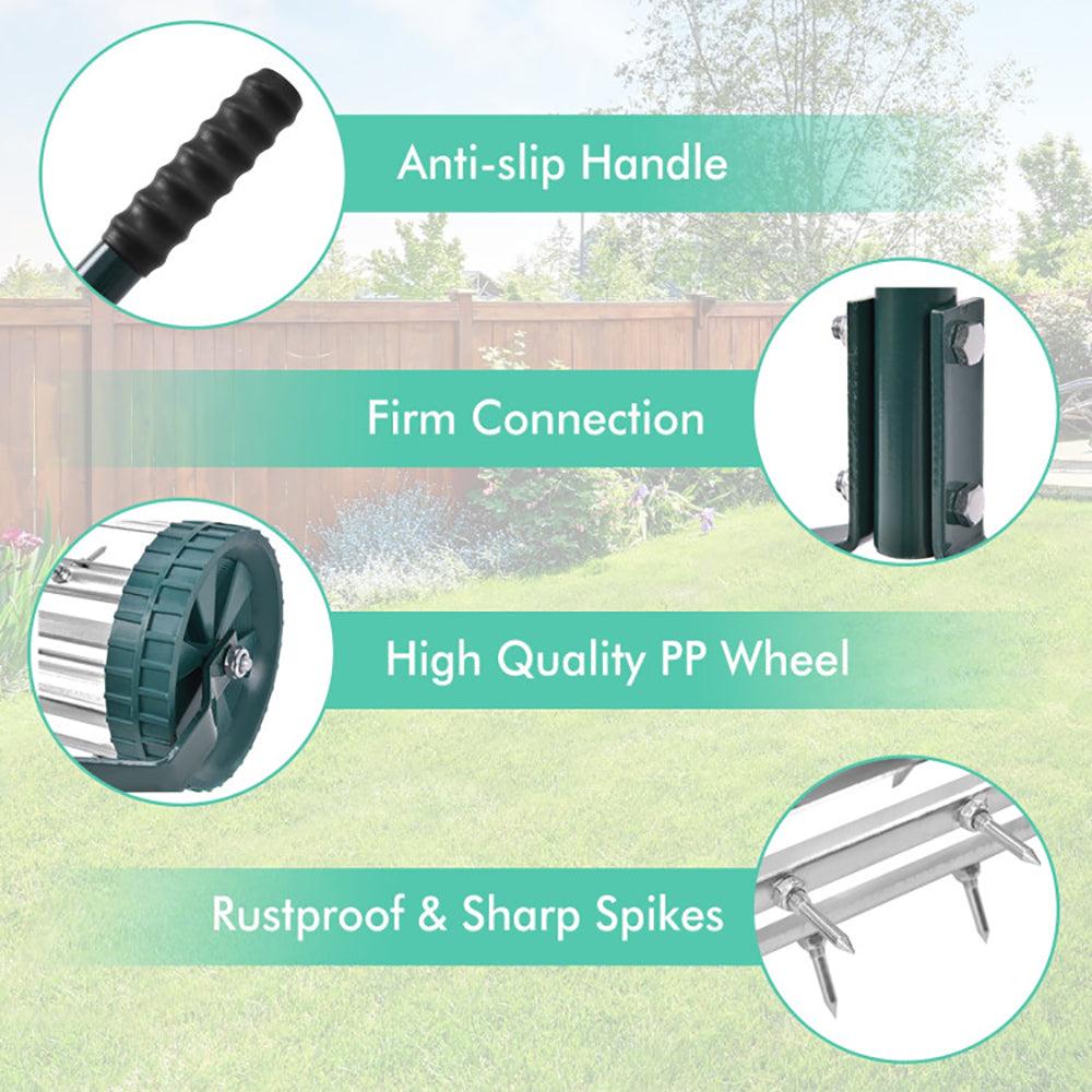 18 Inch Lawn Aerator with Detachable Handle and Steel Tines - Green Garden Tool