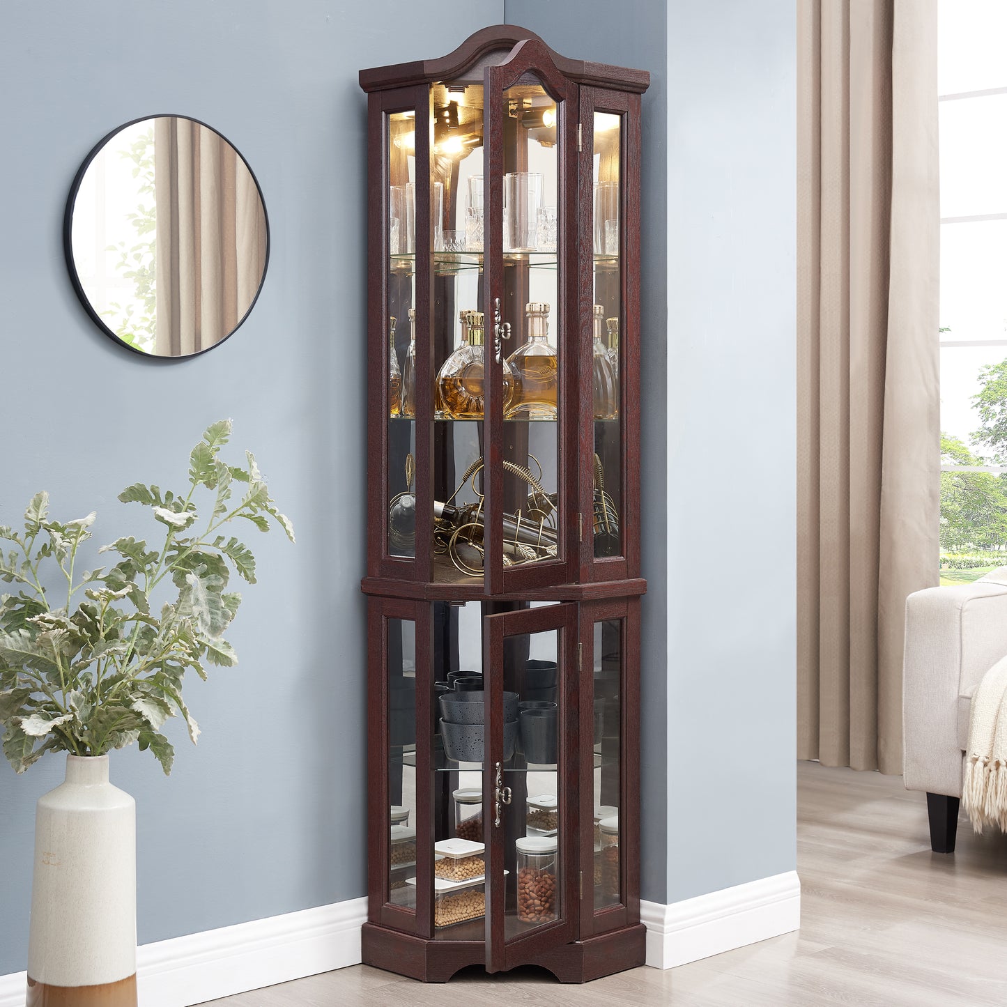 Lighted Corner Curio Cabinet With Tempered Glass Doors & Shelves -