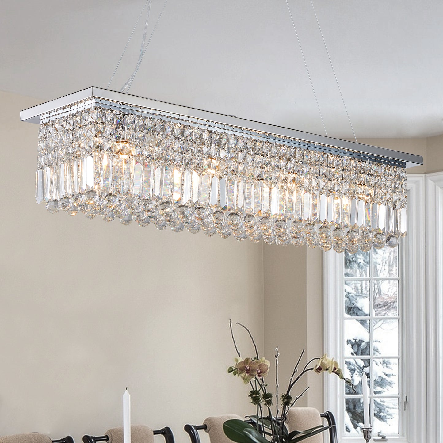 Modern Crystal Chandelier for Dining Room 8-Lights Rectangular Pendant Light Fixture