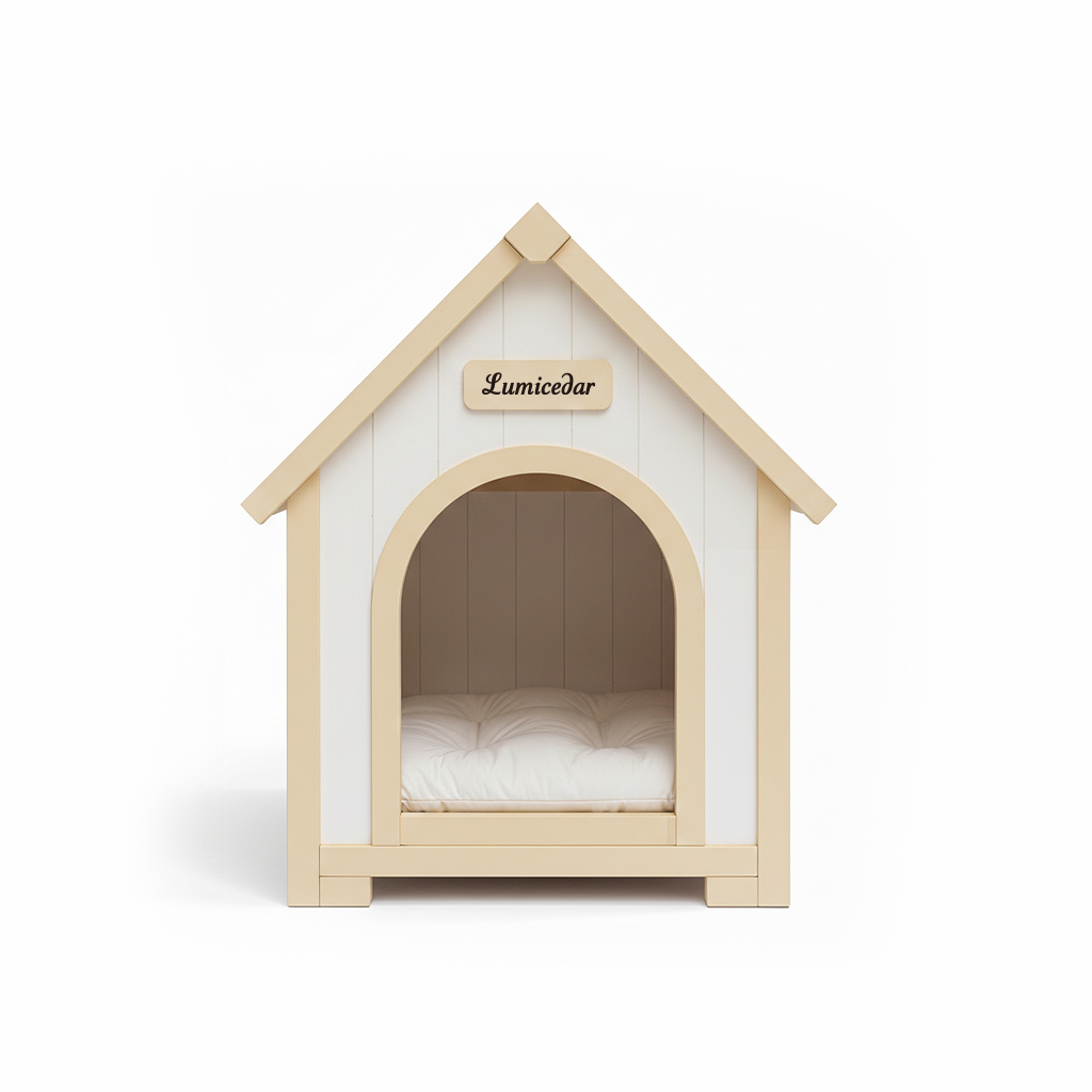 Indoor Wooden Dog House with EVA Cushion - Small Pet Shelter in Creamy White