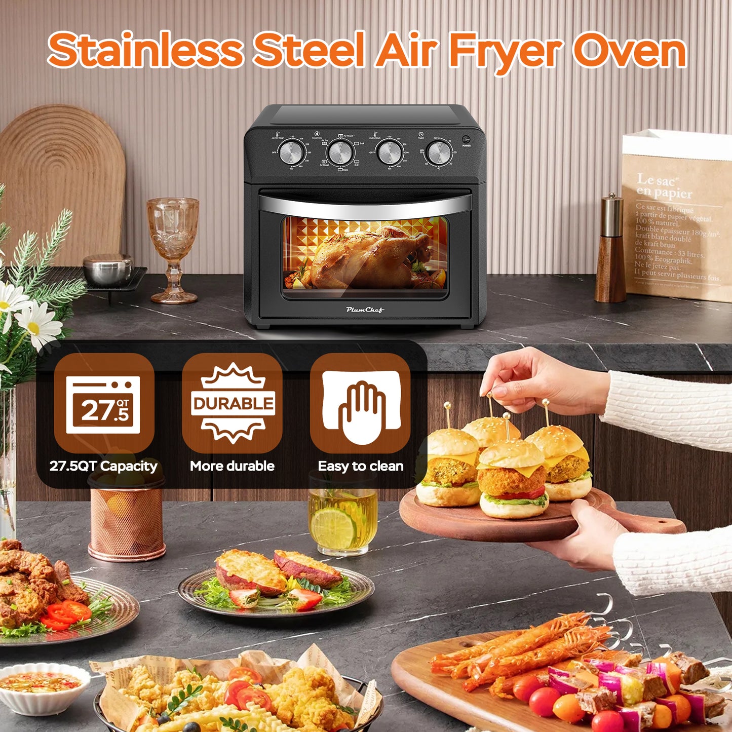 27.5QT 6-in-1 Air Fryer Toaster Oven - Black