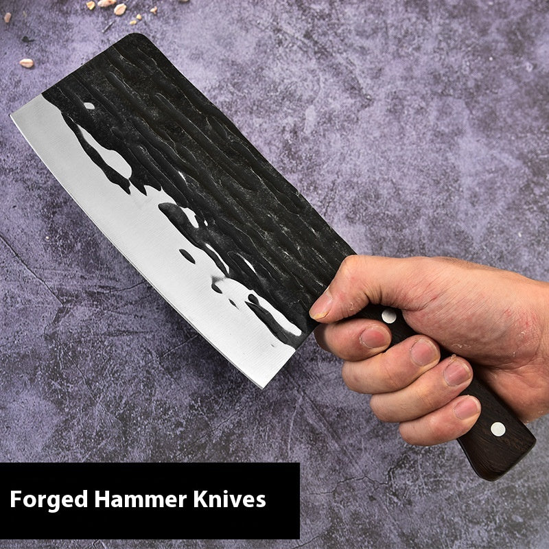 Stainless Steel Kitchen Slicing Knife with Wooden Handle - Forging Pattern, Dual-Purpose