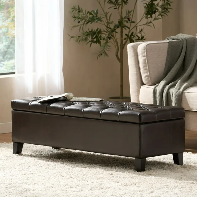 Storage Ottoman Bench - Dark Brown PU, Rubber Wood Legs