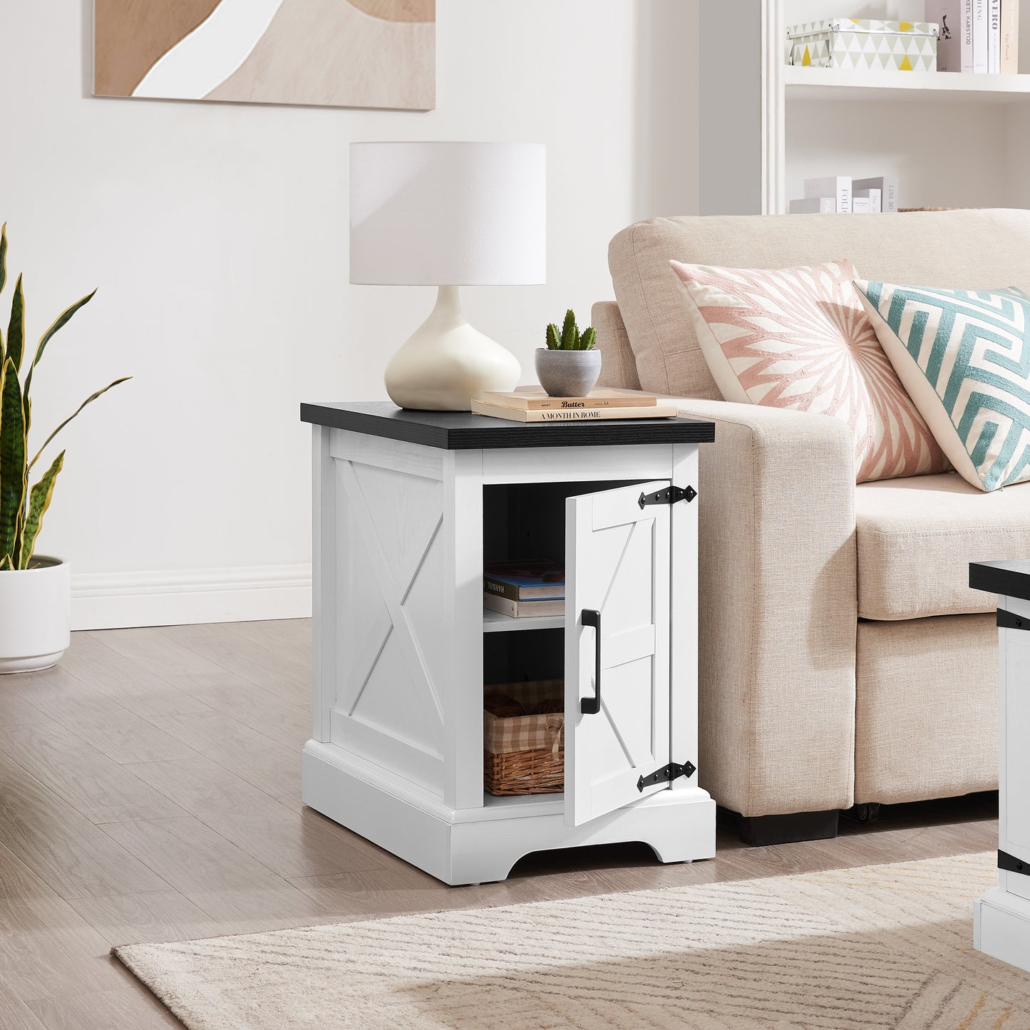 Farmhouse End Table with Barn Door & Adjustable Shelf - White