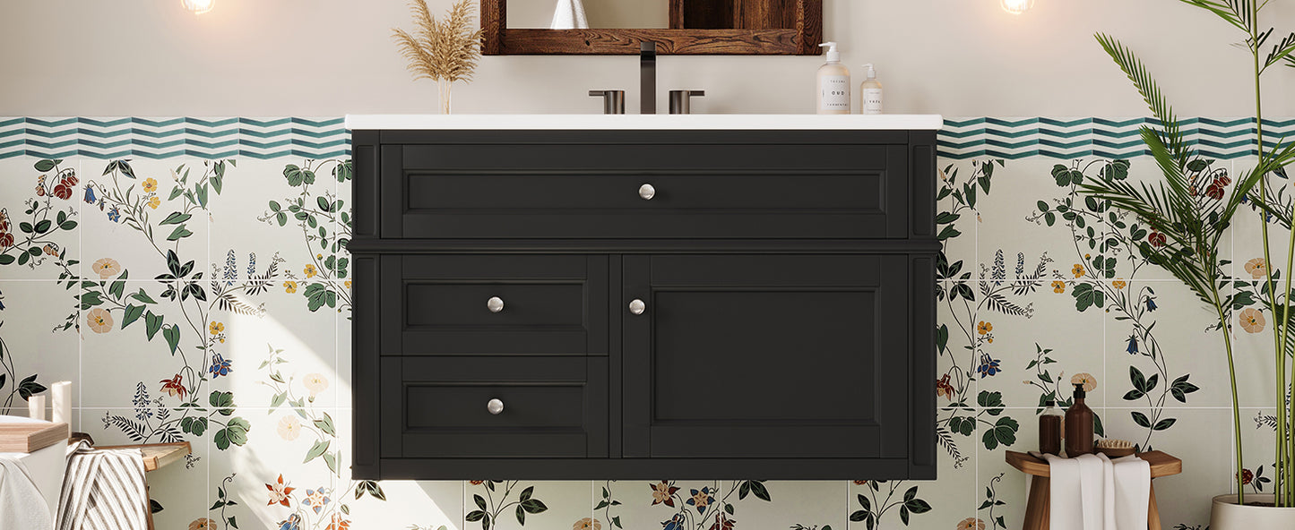 36-Inch Wall Mounted Bathroom Vanity with Ceramic Sink - Black