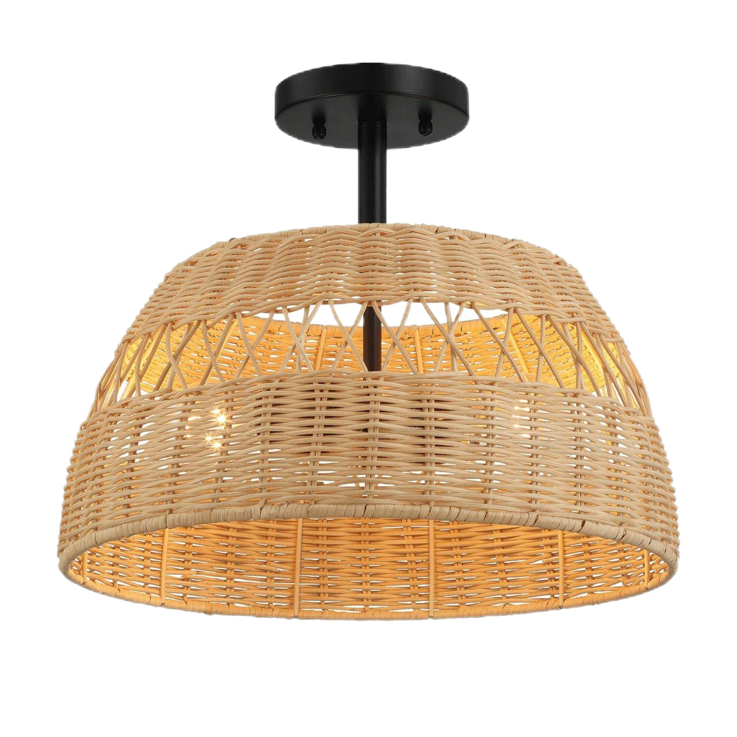 Twinkle Double Lights Semi Flush With Rattan Shade Black Metal Finish