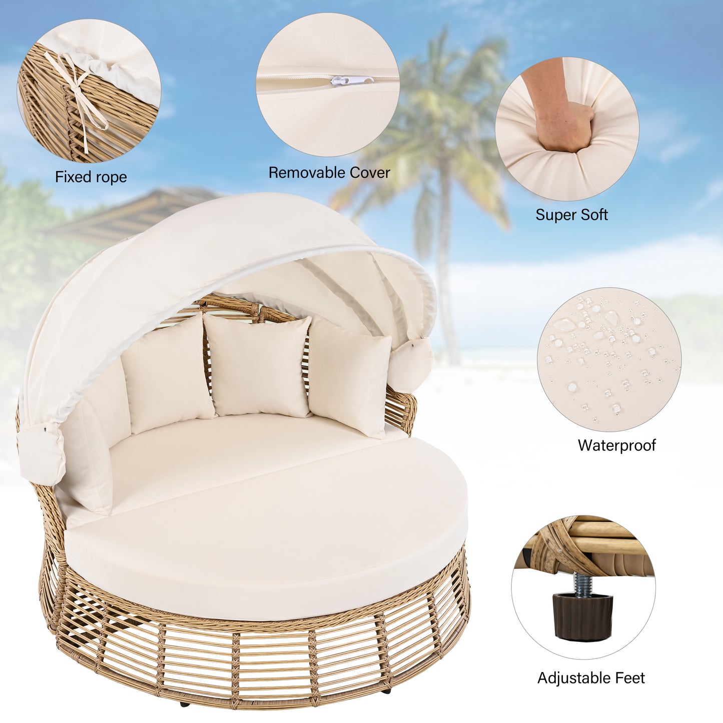 Outdoor Patio Rattan Round Daybed With Retractable Canopy, Wicker