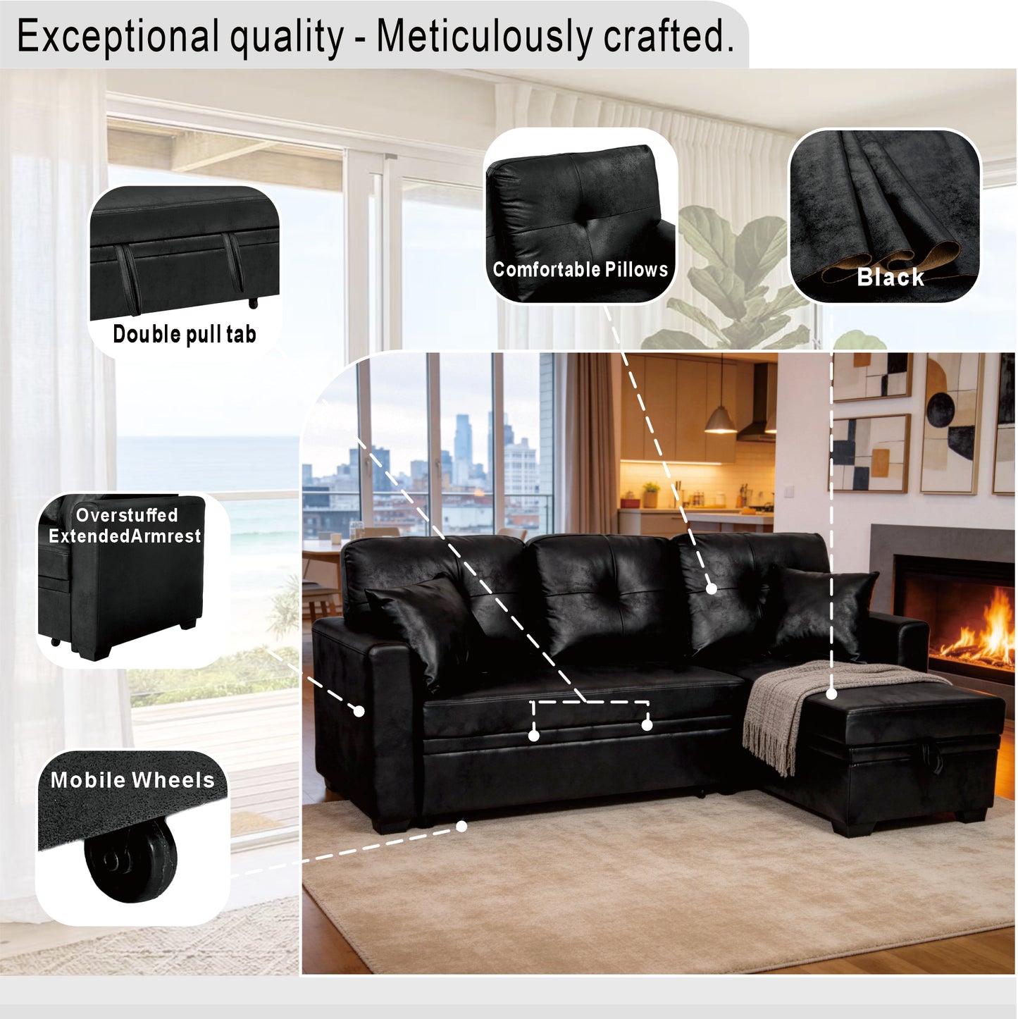 Sleeper Sofa with Pull-Out Bed & Reversible Chaise - Black
