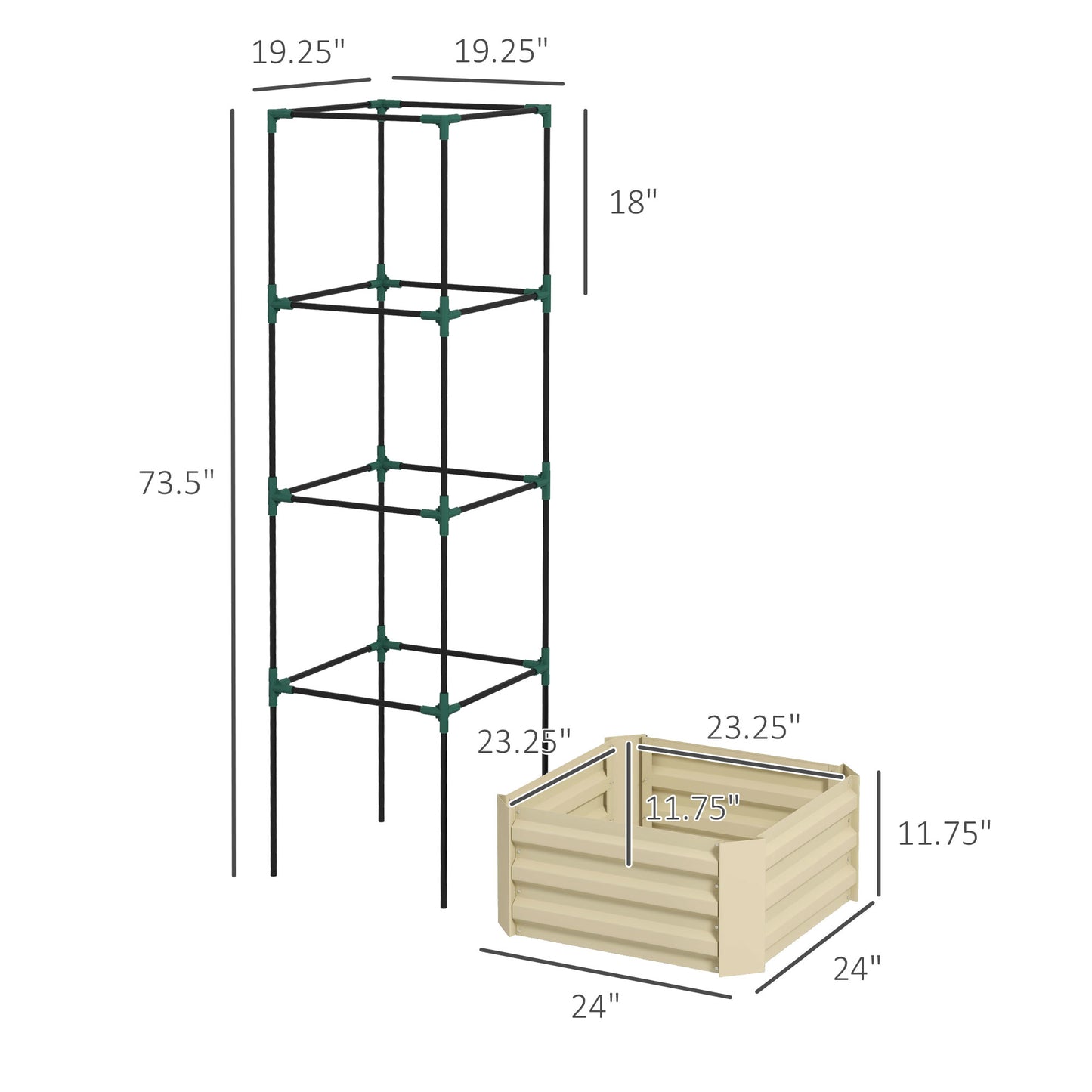 Galvanized Raised Garden Bed with Tomato Cage 24x24x73.5 inches - Cream