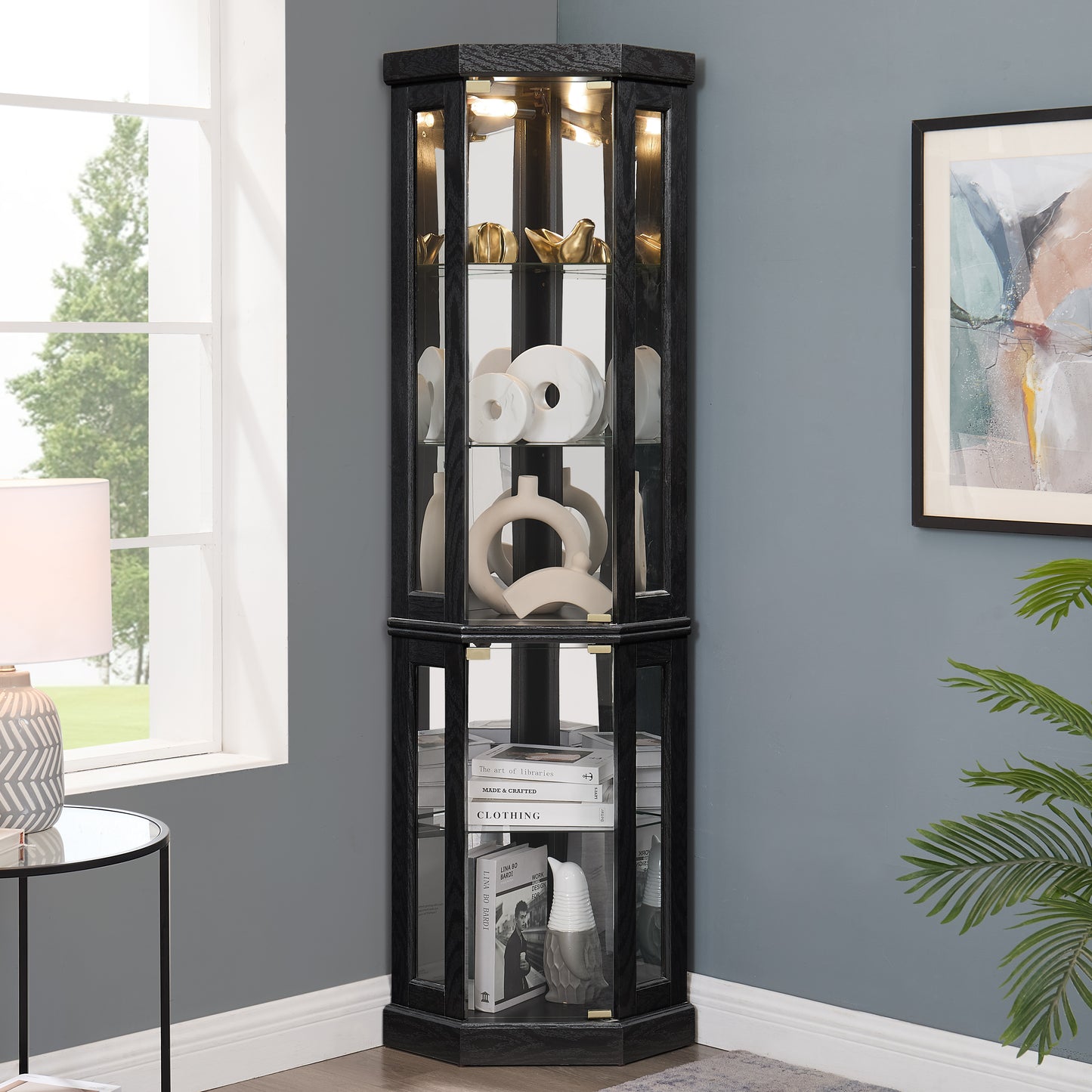 Lighted Corner Curio Cabinet - Display Case For Living Room, Antique