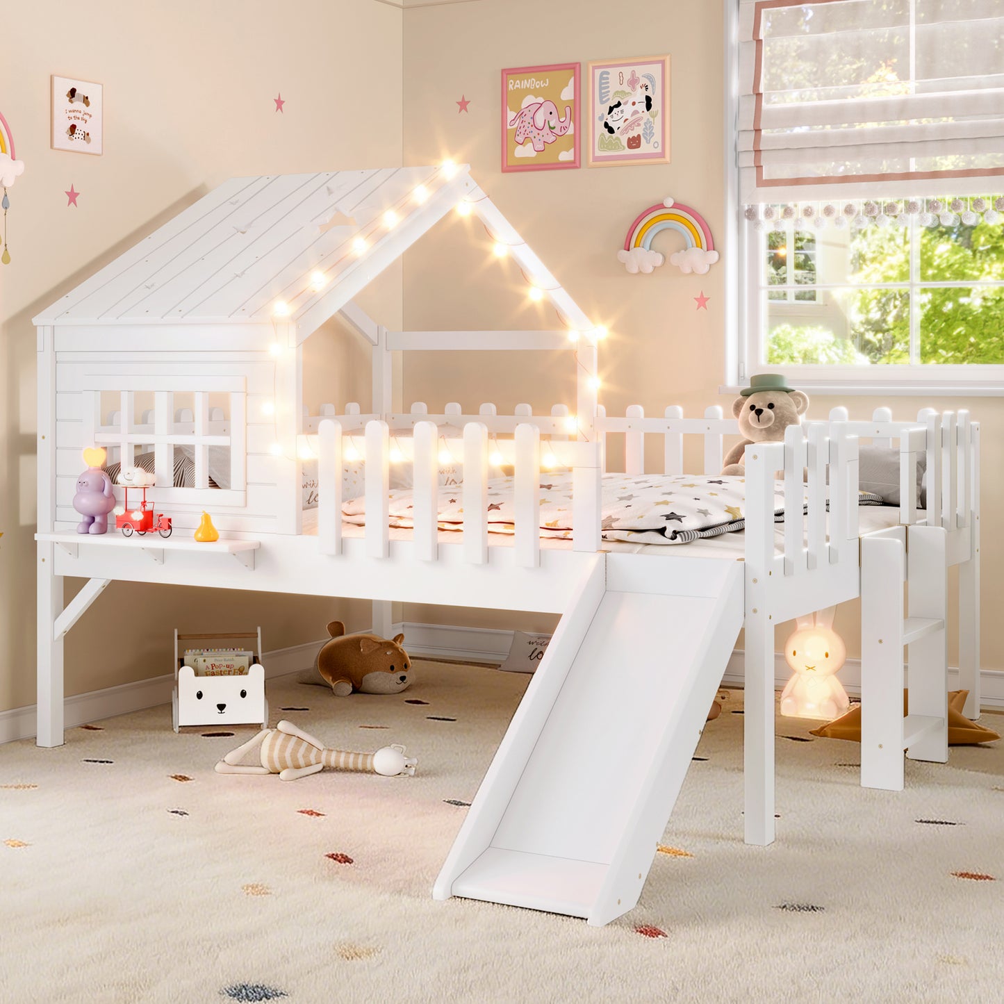 Full Size House Loft Bed with Slide & LED Lights - White