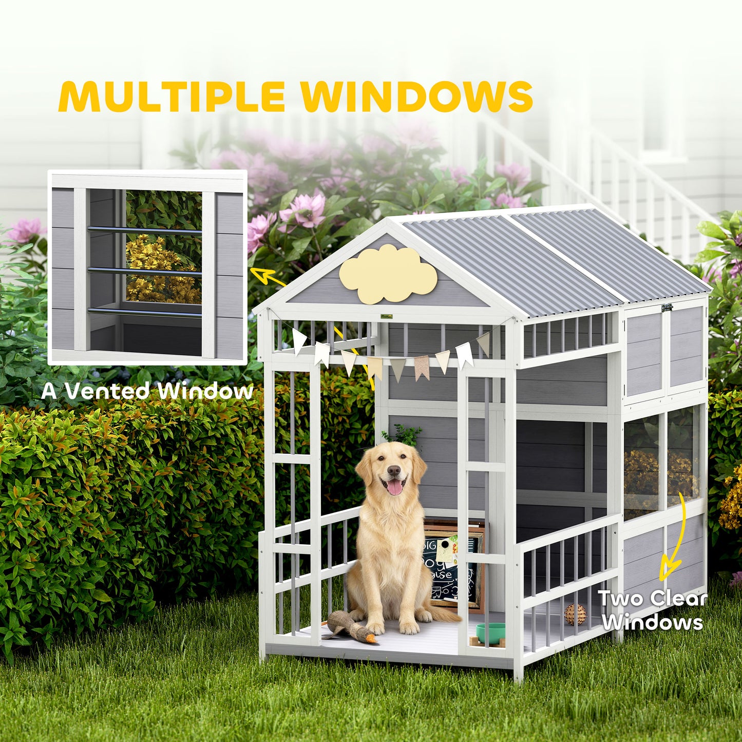Large Wooden Dog House with Porch and Storage Cabinet - Weatherproof Outdoor Kennel