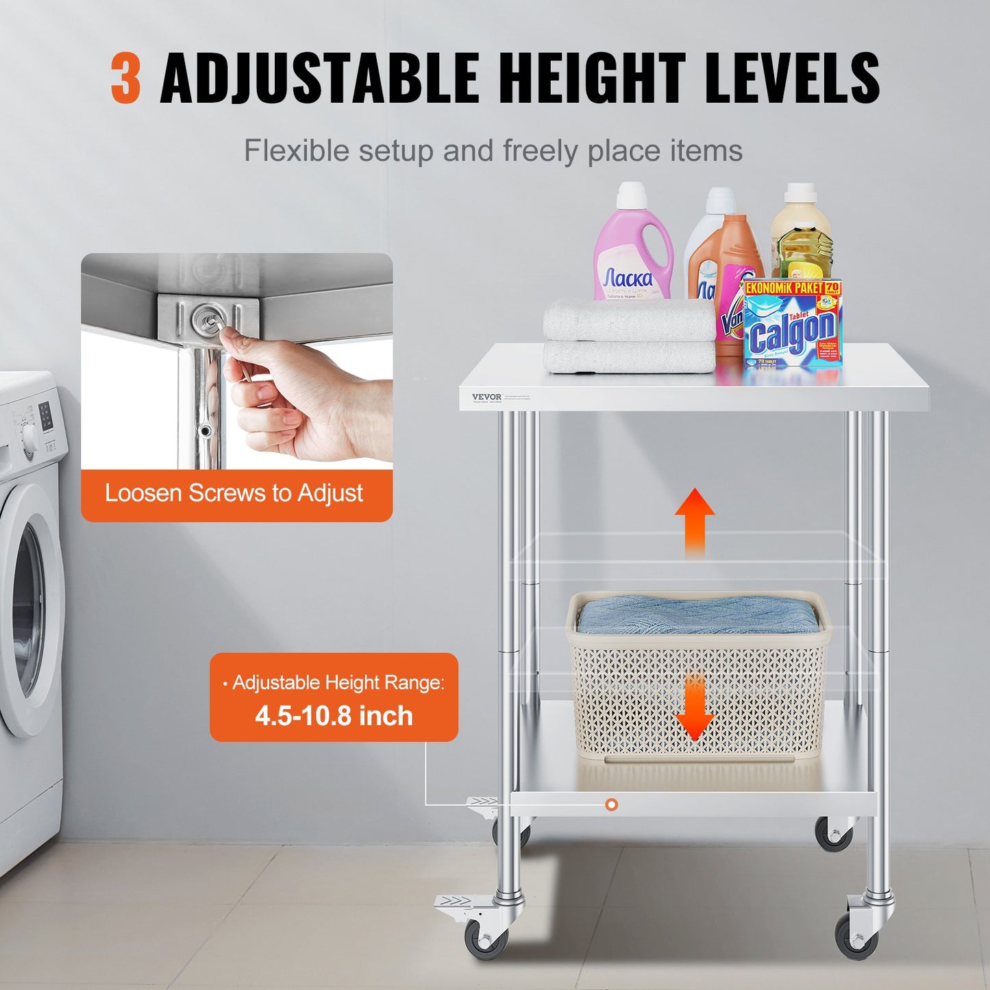 Heavy Duty Stainless Steel Work Table with Adjustable Height - 24x30x38 Inch