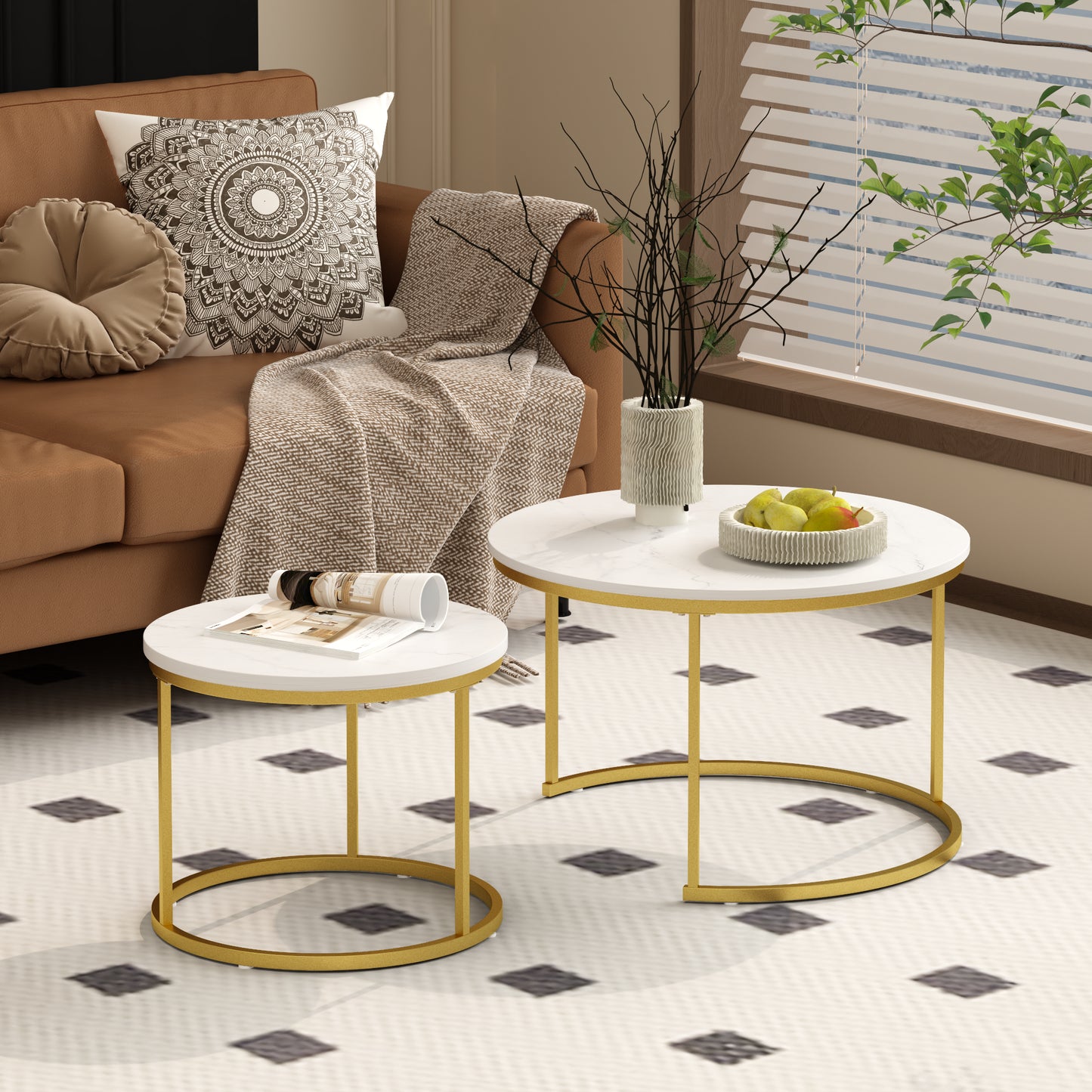 Nesting Coffee Table Set of 2 - Round Wood Marble Pattern - White+Gold