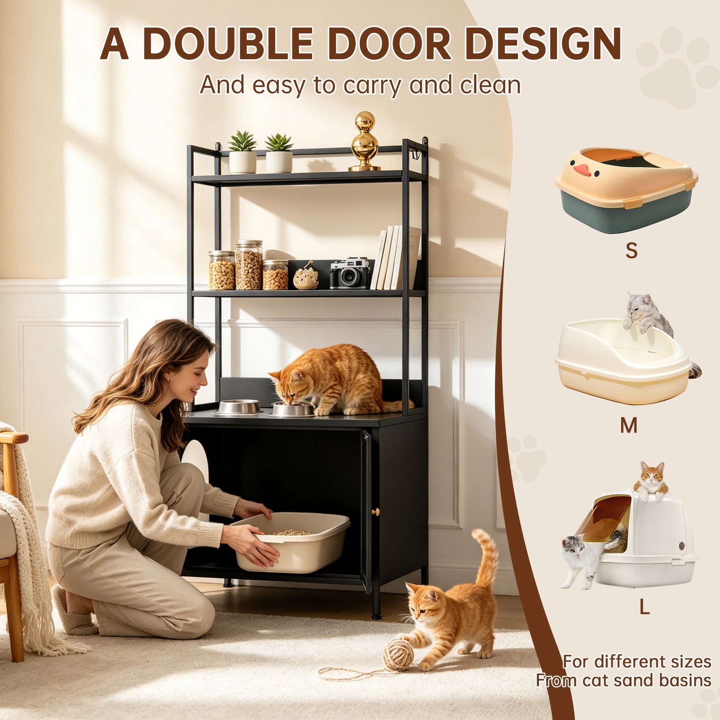 Metal Cat Litter Box Enclosure with 3-Tier Storage - Black