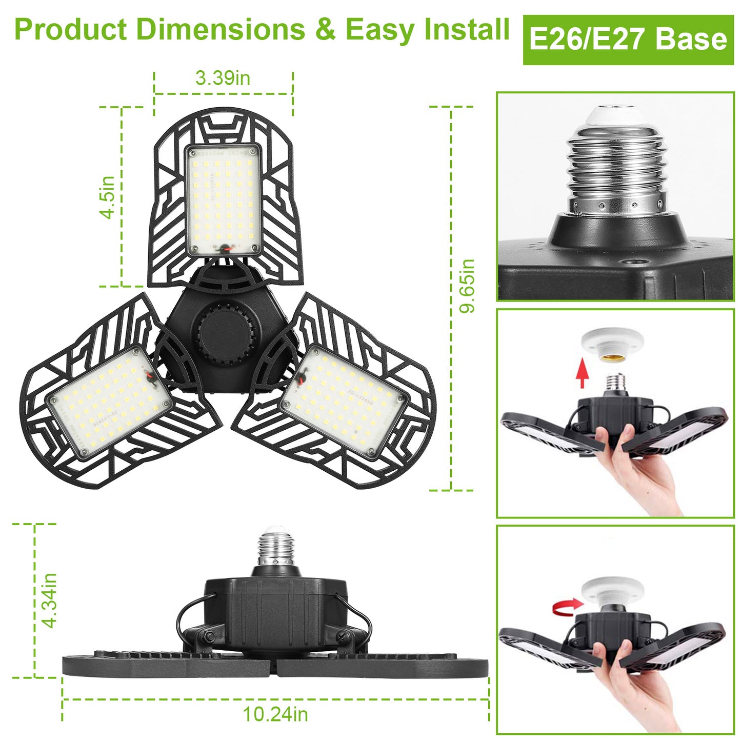 80W LED Garage Ceiling Light with 7000LM & 3 Adjustable Panels - E26/E27 Deformable Workshop Lamp